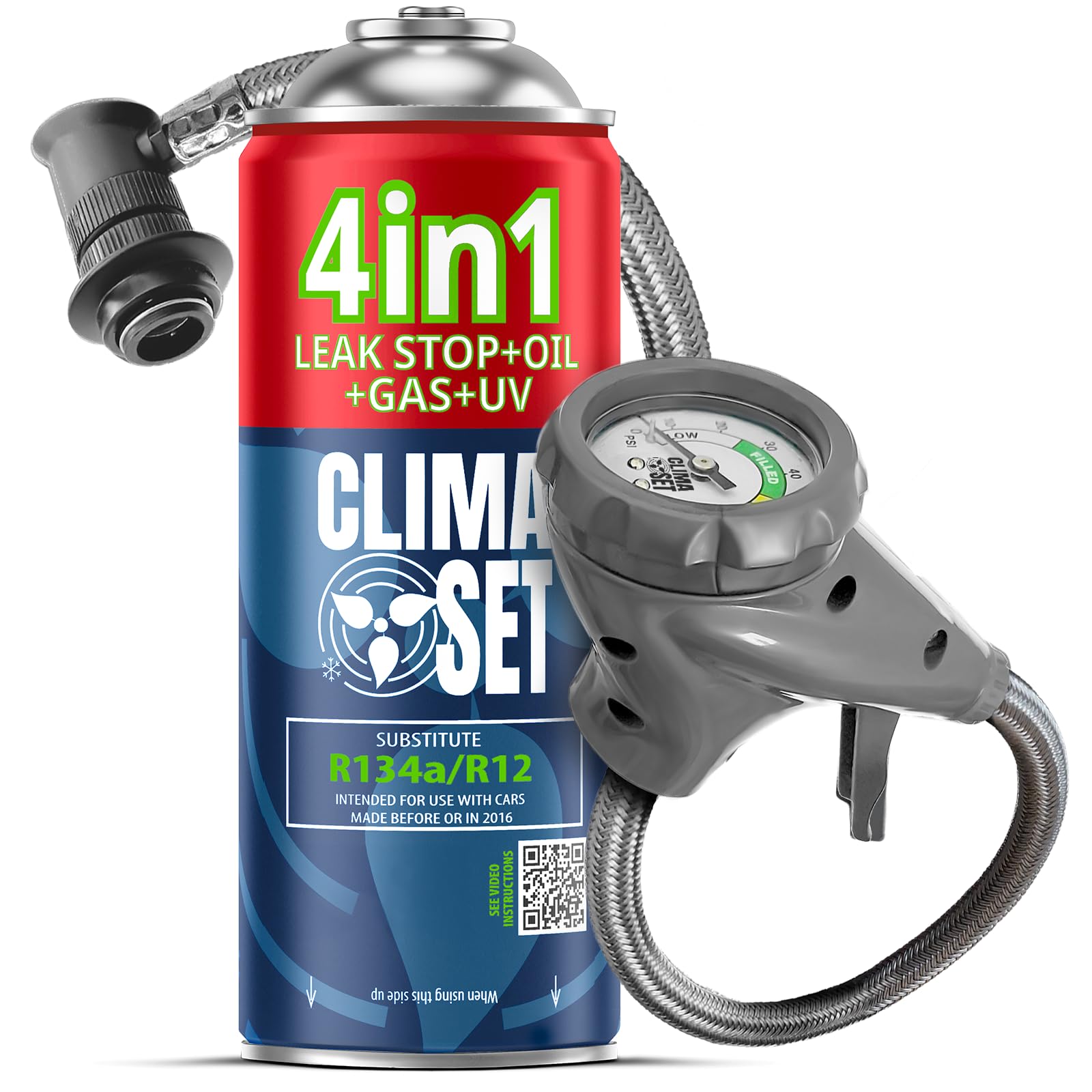 CLIMASET - Kit de Recarga de Aire Acondicionado para Coche - Manguera 4 en 1 para sustituto R134a - para vehículos de 1994 a 2016, Manguera Moderna y fácil de Usar, manómetro
