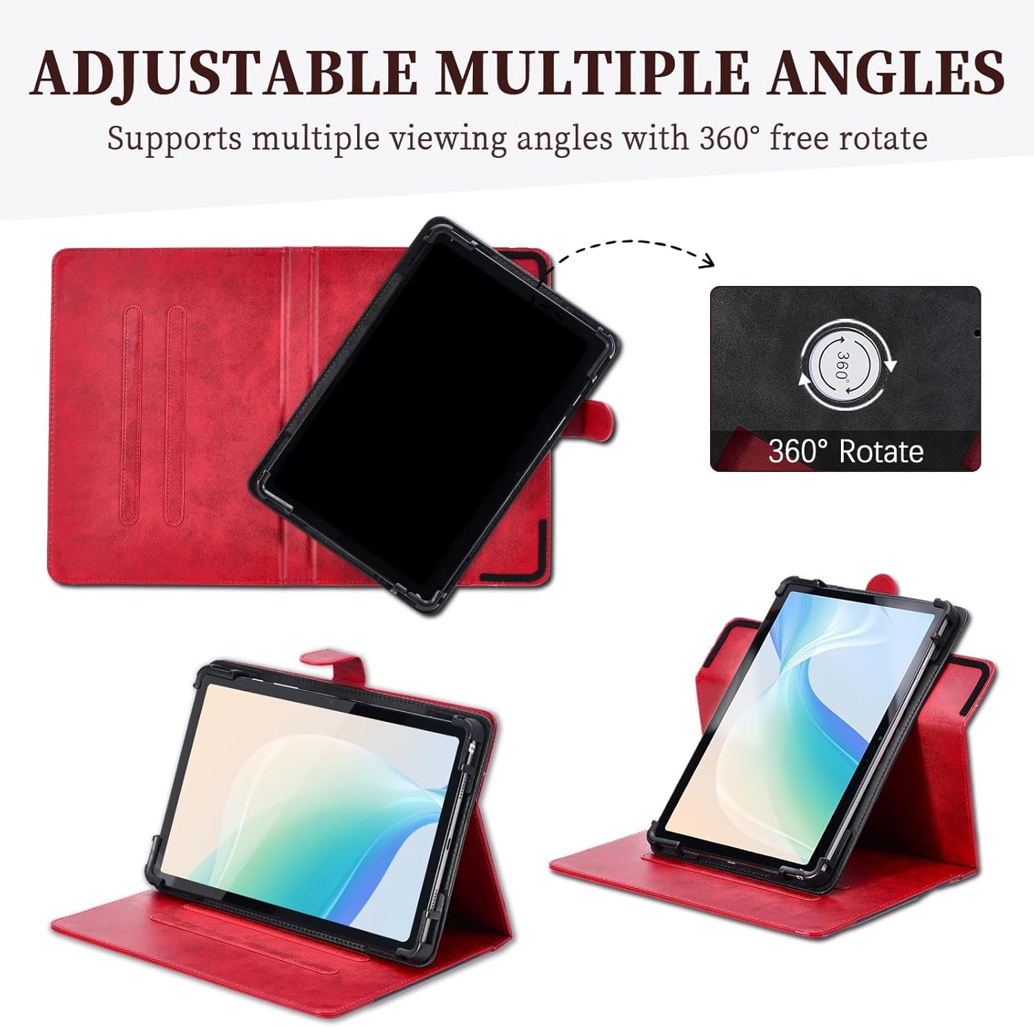 Image demonstrating the 360-degree rotation and multiple viewing angles of the tablet case.