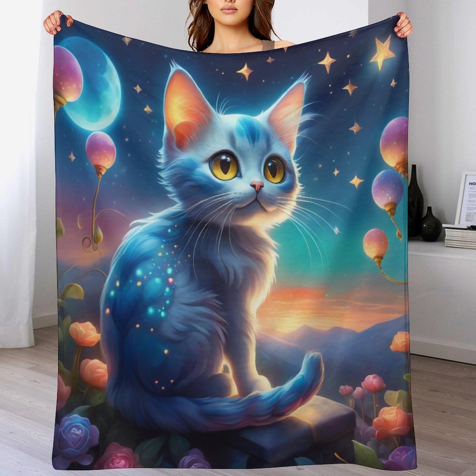 Couverture plaid chat mignon en flanelle douce de 150x200 cm pour canapé