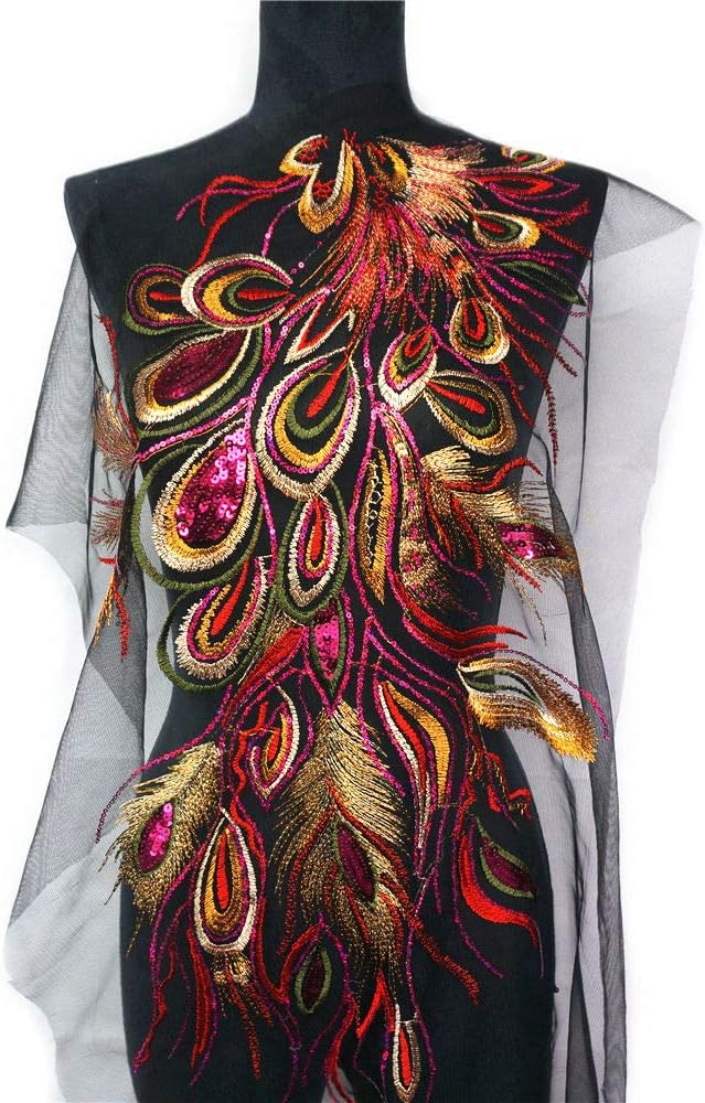 Large Embroidery Sequin Peacock Feather Fabric Lace Applique Net Trim Sewing Collar Patch Motif Wedding Dress Bridal DIY Crafts (Pink)