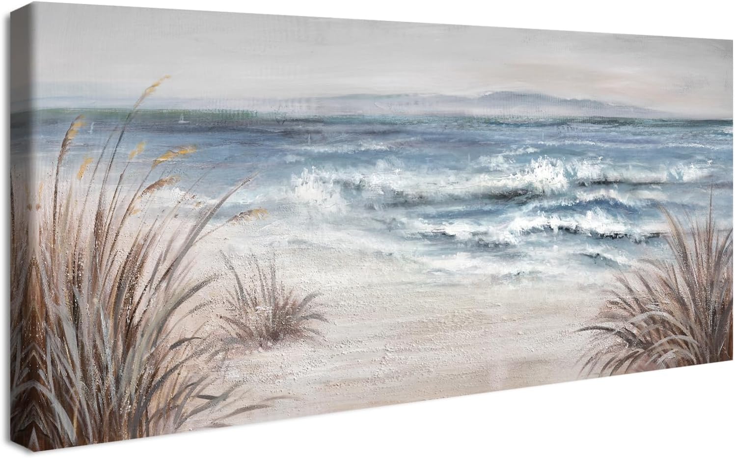 Wooden Framed Large Canvas Wall Art Blue Ocean White Wave Abstract Painting On Canvas Prints Poster Wall Artworks Coastal Beach Seascape Pictures for Living Room Bedroom Home Wall Decoration 50x120cm