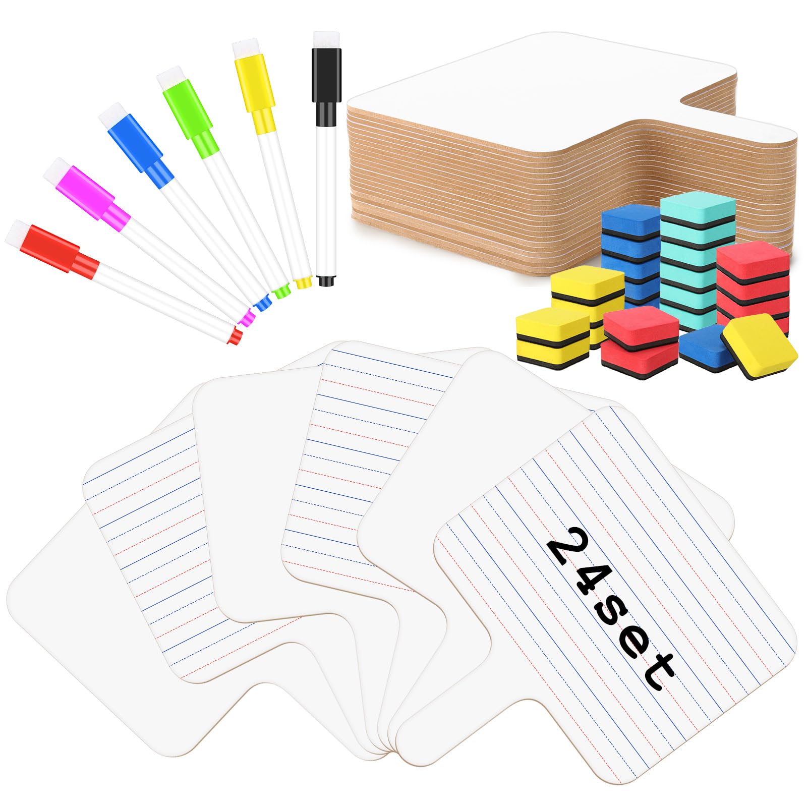 Harloon 72 Pieces Dry Erase Answer Paddle Set 7.8‘’ x 9.8” Handheld 24 Wooden Answer Board Dry Erase Paddles with 24 Markers 24 Magnetic Erasers for Students Teaching Supplies (Line Spectrum)