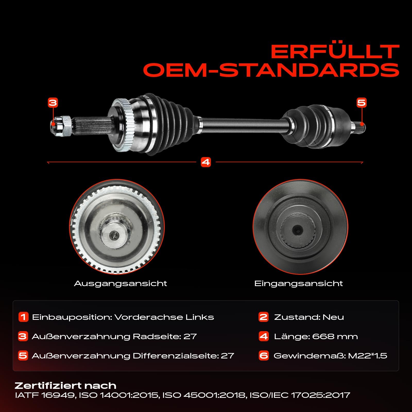Frankberg Antriebswelle Achswelle mit ABS Ring Vorderachse Links Kompatibel mit Tucson JM 2.0L 2.7L 2004-2022 Sportage JE KM 2.0L 2.7L 2004-2013 Replace# 495012E400