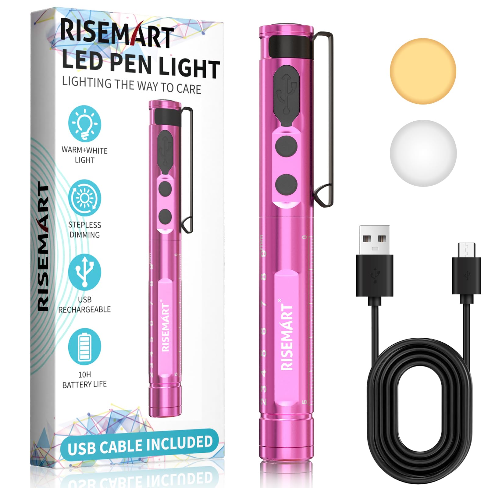 Lampa diagnostyczna, medyczna, z możliwością ponownego ładowania, z kablem USB, ciepła / zimna biel i bezstopniowe ściemnianie, przenośna, aluminiowa, medyczna lampa źrenicy z klipsem (różowa)