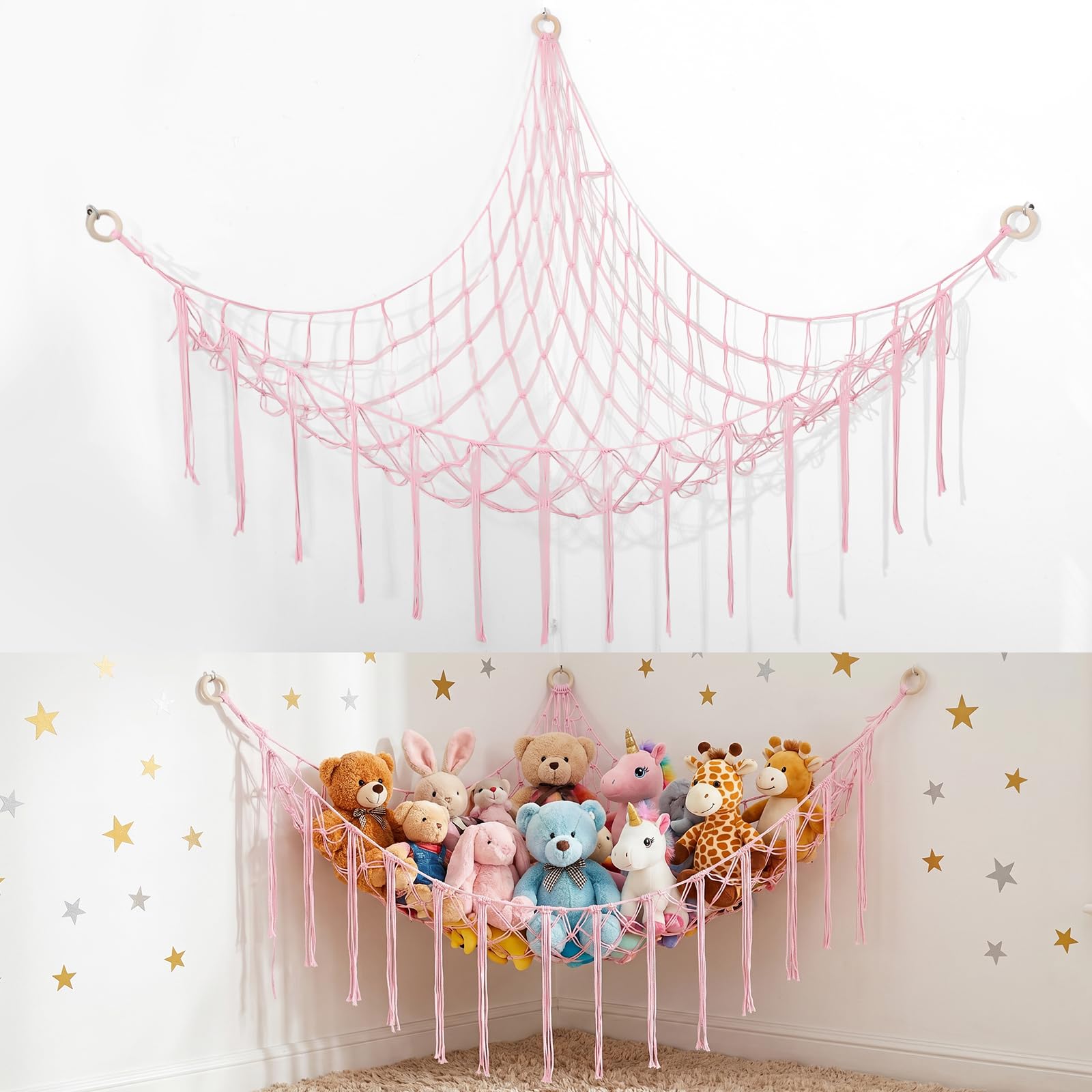 Toy Hammock for Stuffed Animals, 51"*51"*69" Soft Cuddly Plush Toys Macrame Net, Corner Hanging Organizer for Nursery Decor (Pink)