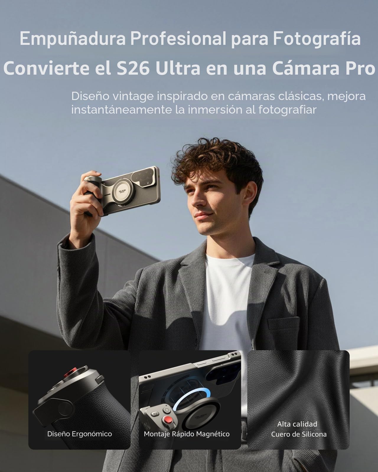 TELESIN Kit Grip Magnético Master para Samsung Galaxy S26 Ultra, Grip Cámara con Batería 3200mAh, Filtro ND16, Flash 10X con Pre-Flash y LED, Carga Inalámbrica, Empuñadura Estilo DSLR