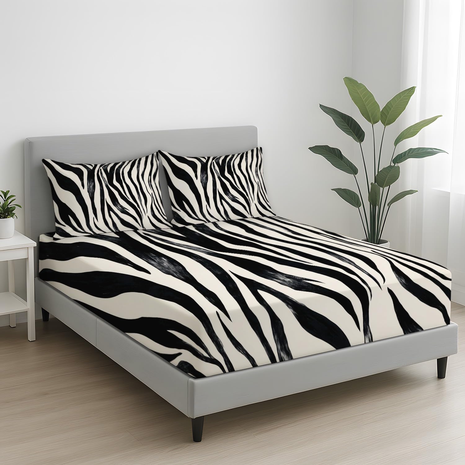 Minimalistisch Zebraprint Spannbetttuch Elegant Tiermuster Spannbettlaken 140 x 200 x 30 cm 3teilig Mikrofaser Bettwäsche Set mit 2 Kissenbezüge 80 x 80 cm Kein Flachbettlaken