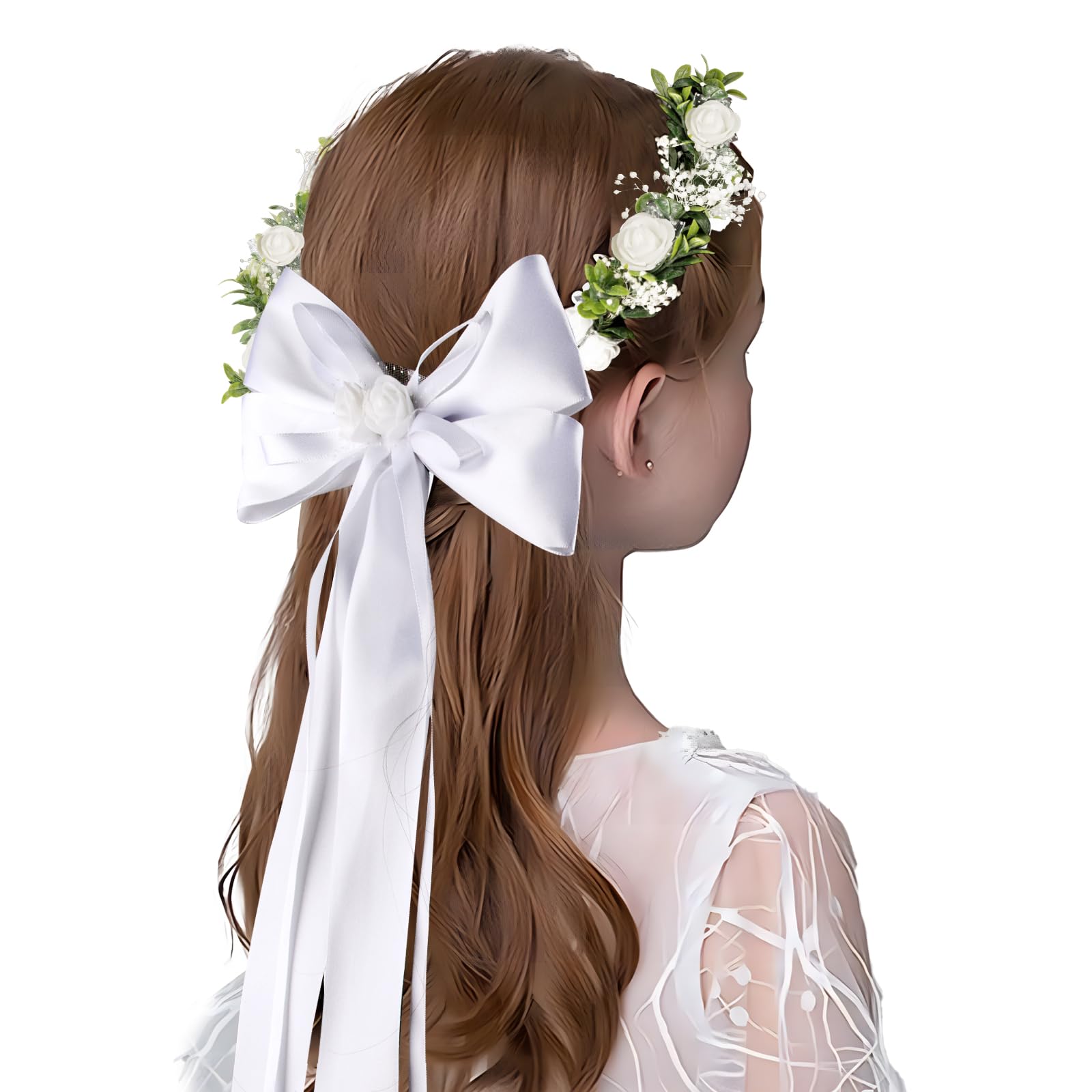 BETESSIN Corona de Pelo de Boda Comunión, Corona Pelo Niñas Boda de Flores Blancas, Corona Pelo Niñas con Lazo Largo, Tocado Pelo Comunión Boda Niñas, Guirnalda Pelo Boda, Diadema Boda Novia