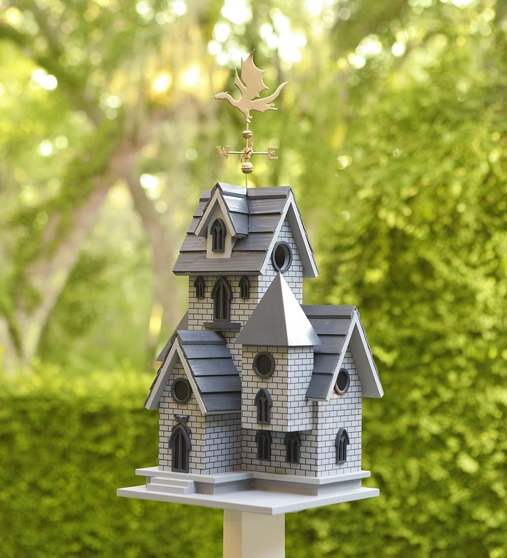 Wind & Weather Gothic Castle Birdhouse with Metal Dragon Weathervane, Functional Birdhouse, Easy-Clean Back Panel, Dramatically Detailed, 11" L x 8½"W x 23" H : Garden & Outdoor