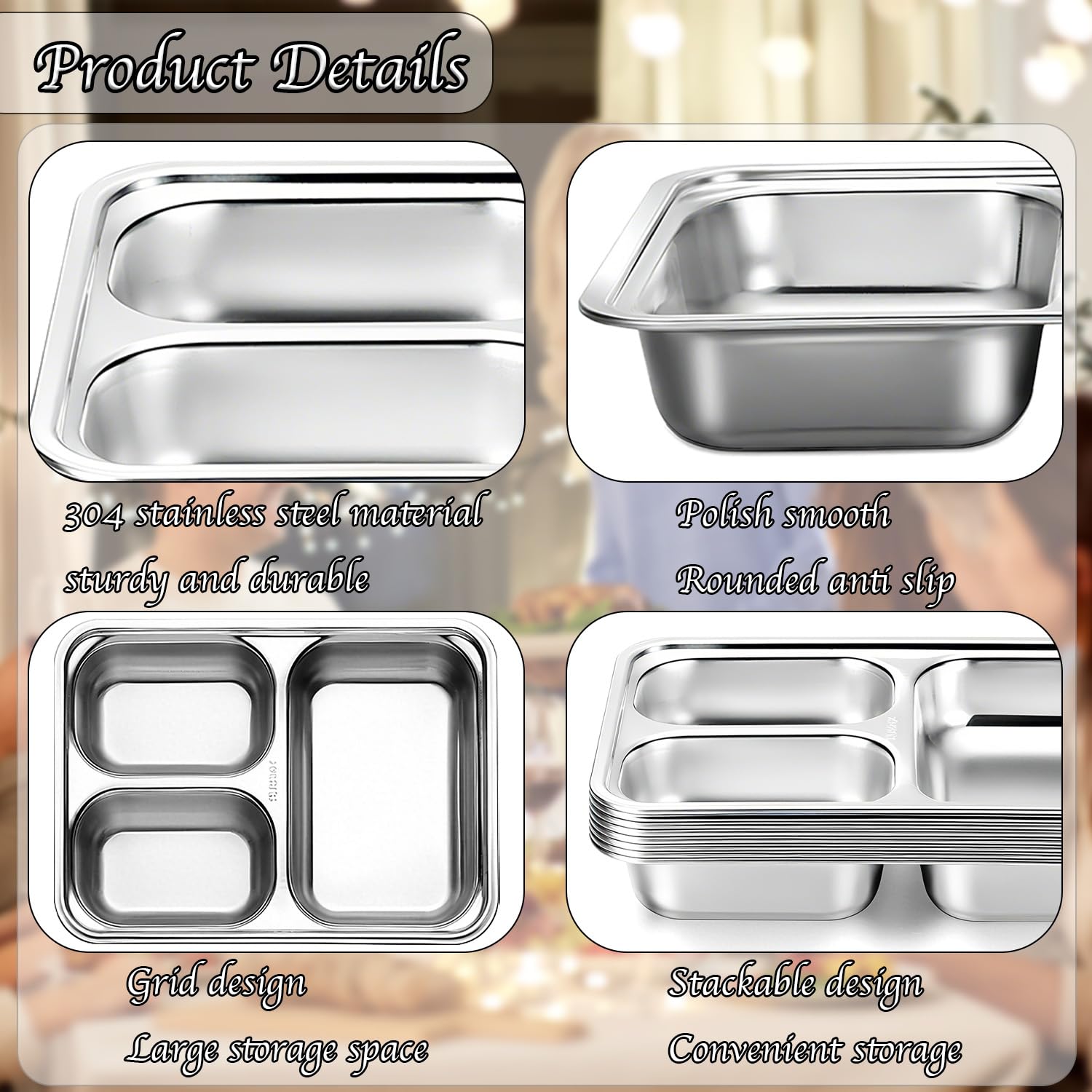 Lot de 8 assiettes divisées en acier inoxydable - Plaques rectangulaires de contrôle des portions - Plateau alimentaire en métal pour dîner, camping, contrôle des portions alimentaires