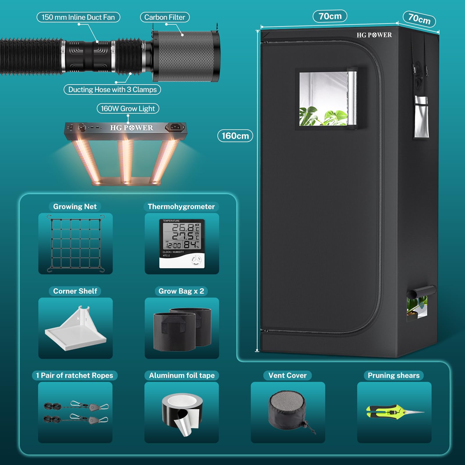 HG Power Kit de Cultivo Indoor 70x70x160 cm con Lámpara LED de Cultivo 160W