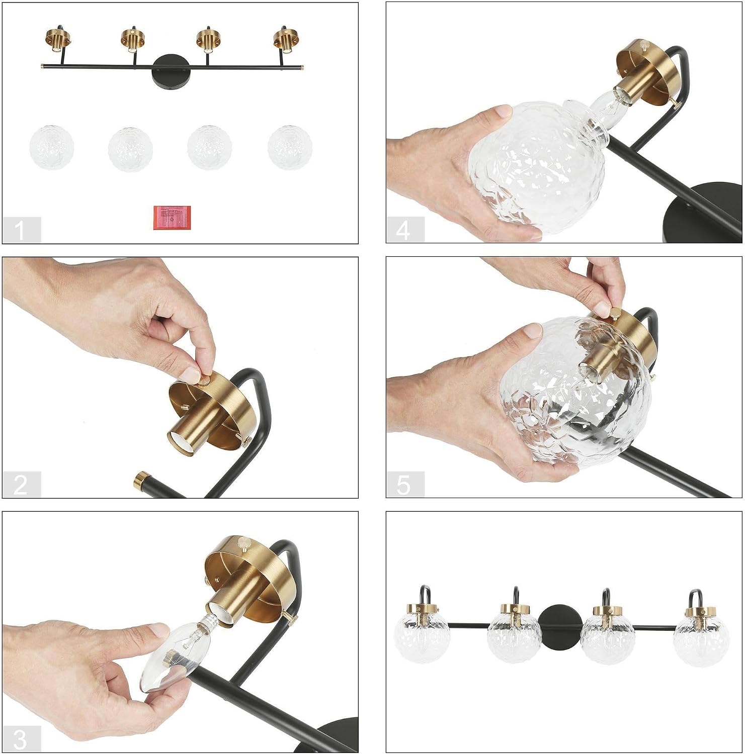 Vanity Lights for Bathroom, 4-Light Black Gold Bathroom Vanity Light with Clear Textured Globe Glass Shade, Modern Farmhouse Bathroom Light Fixtures Over Mirror