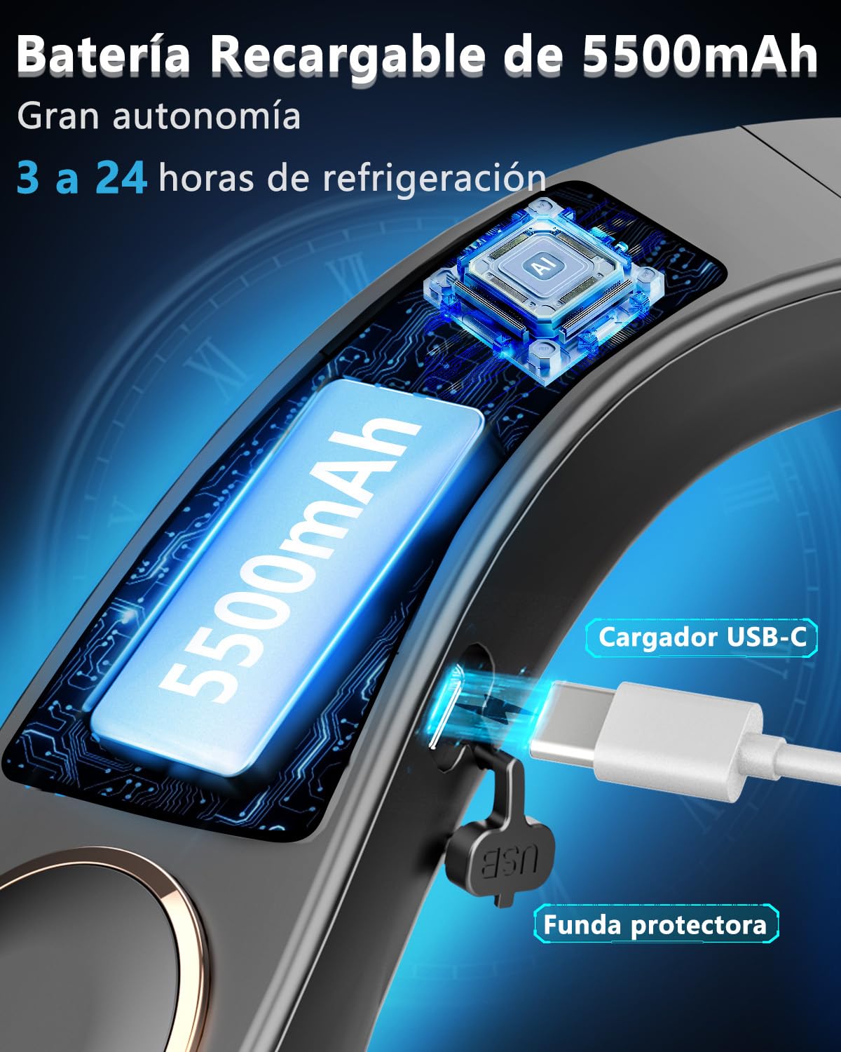 Kouric Ventilador de Cuello con Aire acondicionado Silencioso,5 Velocidades,5500mAh,Pantalla LED para Batería y Velocidad,Hasta 24 Horas,Portatil para Viajes, Oficina, Deportes y Exteriores-Negro