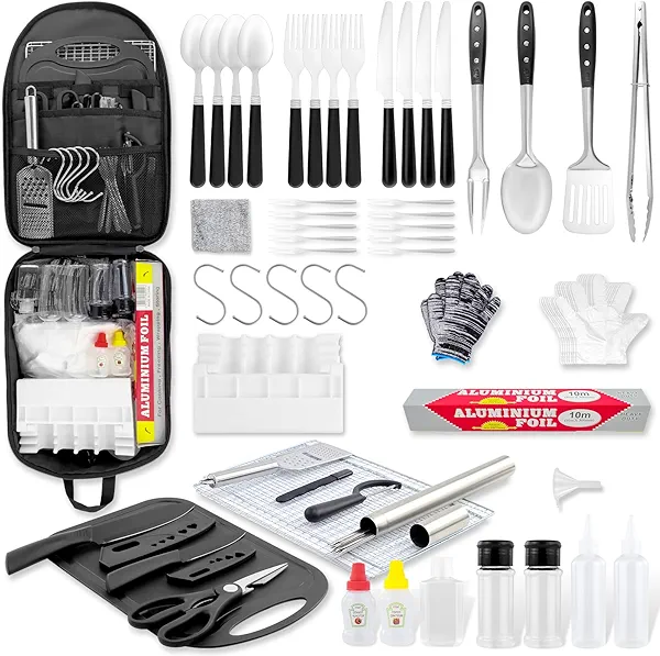 Camkinger 55Pcs Camping Utensils Cooking Set, 2 in 1 Camping Cooking Set & Campfire Grilling Cookware, Portable RV Camping Essentials, Camp Cooking Gear Must Haves Supplies for Travel BBQ Grill Picnic