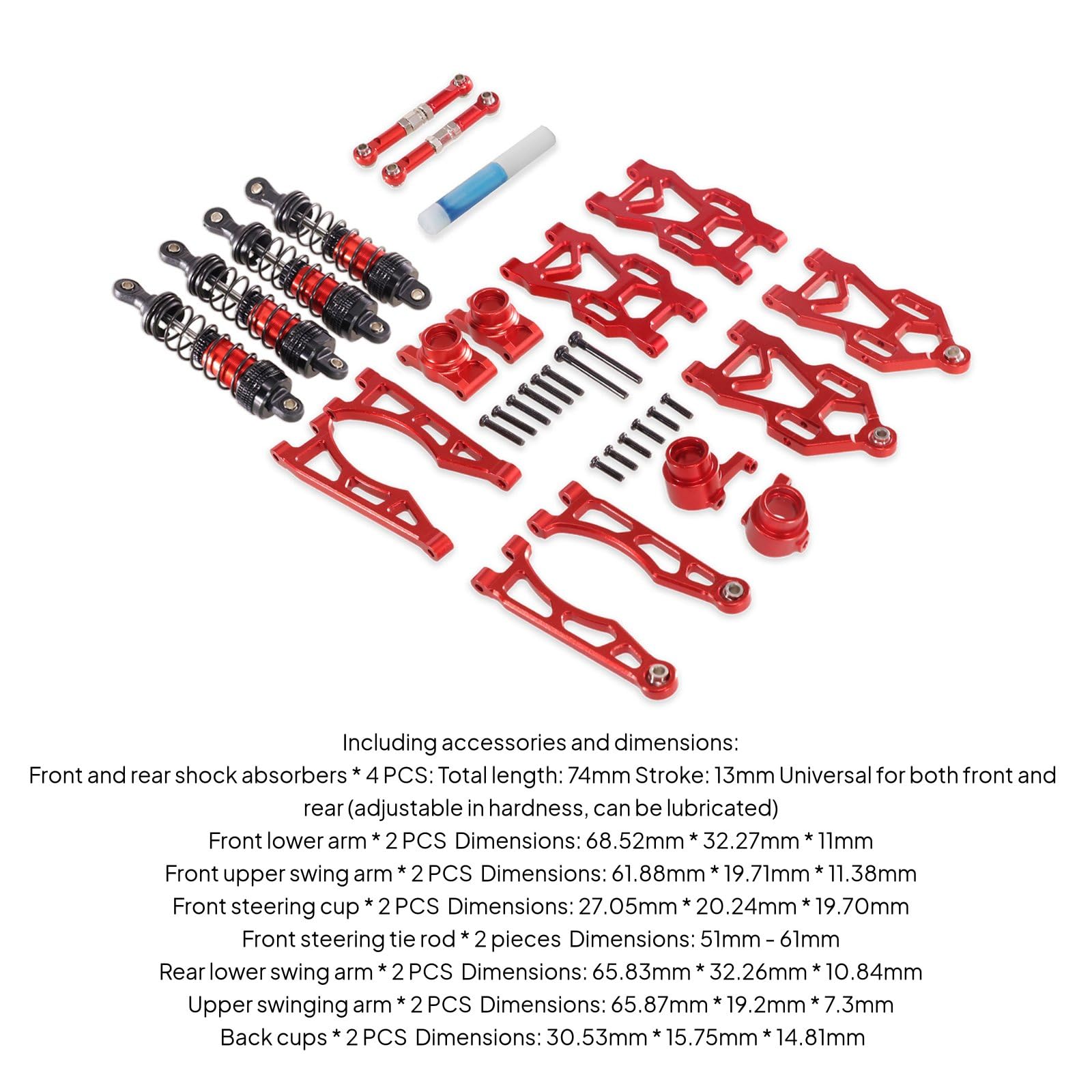 Vehicle Compon Kit Sospensione Auto Radiocomandata Ammortizzatori in Alluminio Regolabili Tiranti Robusti Snodi Sterzo CNC Pacchetto Aggiornamento, Red