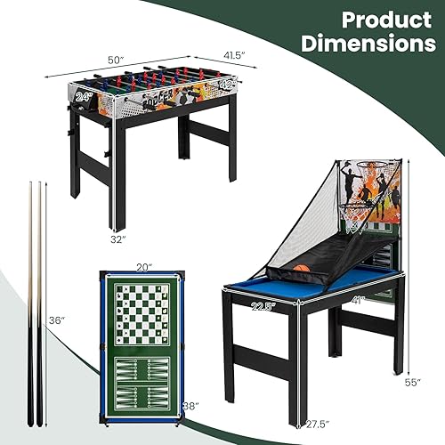 Vista 4 de GYMAX Mesa de juego múltiple de 48 pulgadas, 14 en 1 combinada con baloncesto, billar, futbolín, ping pong, hockey, shuffleboard, bolos, ajedrez