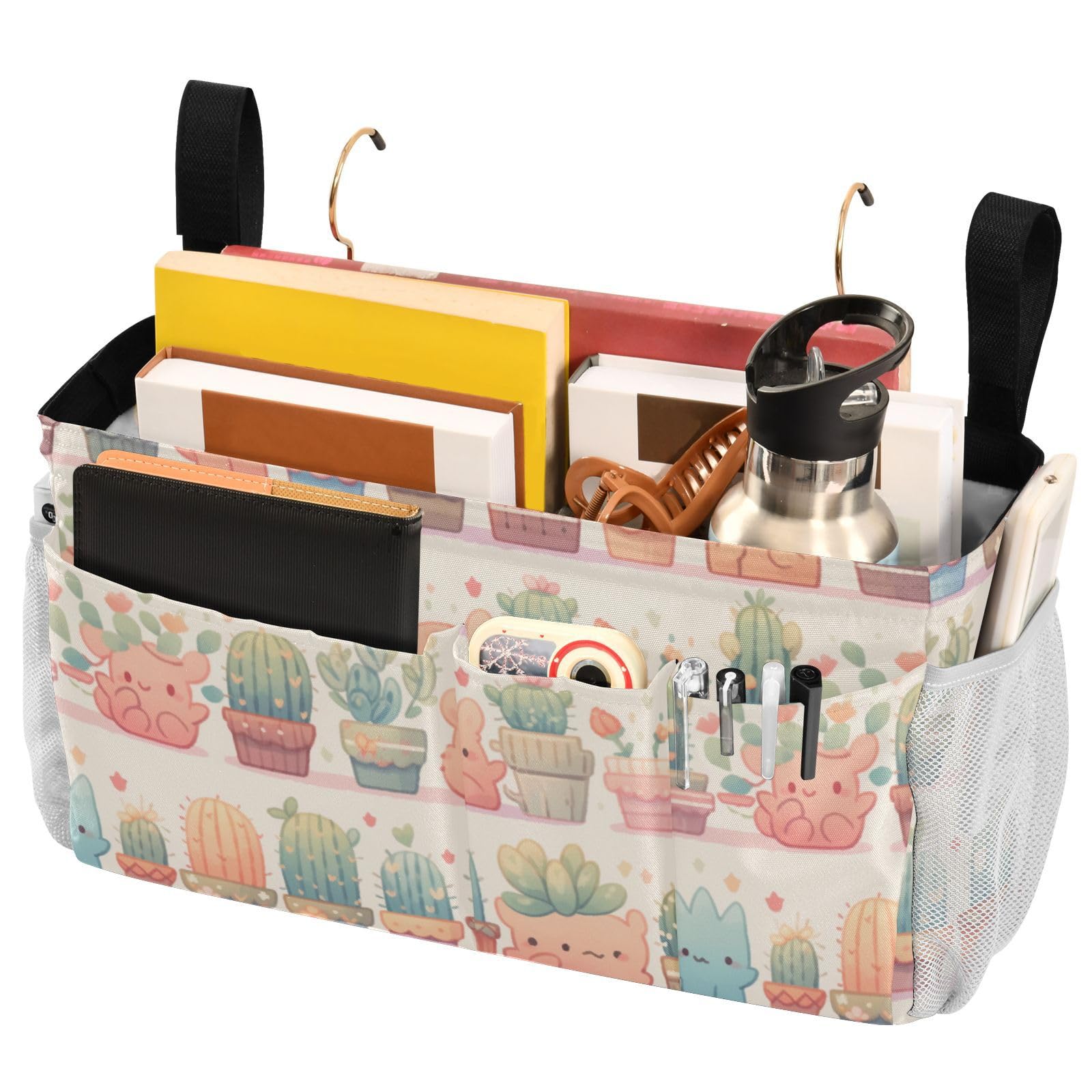 FRODOTGV Bedside Storage Caddy Cute Cactus Tropical Style Bed Storage Bag With Pockets Hanging Organizer for Water Bottles, Magazines, Phone, Glasses