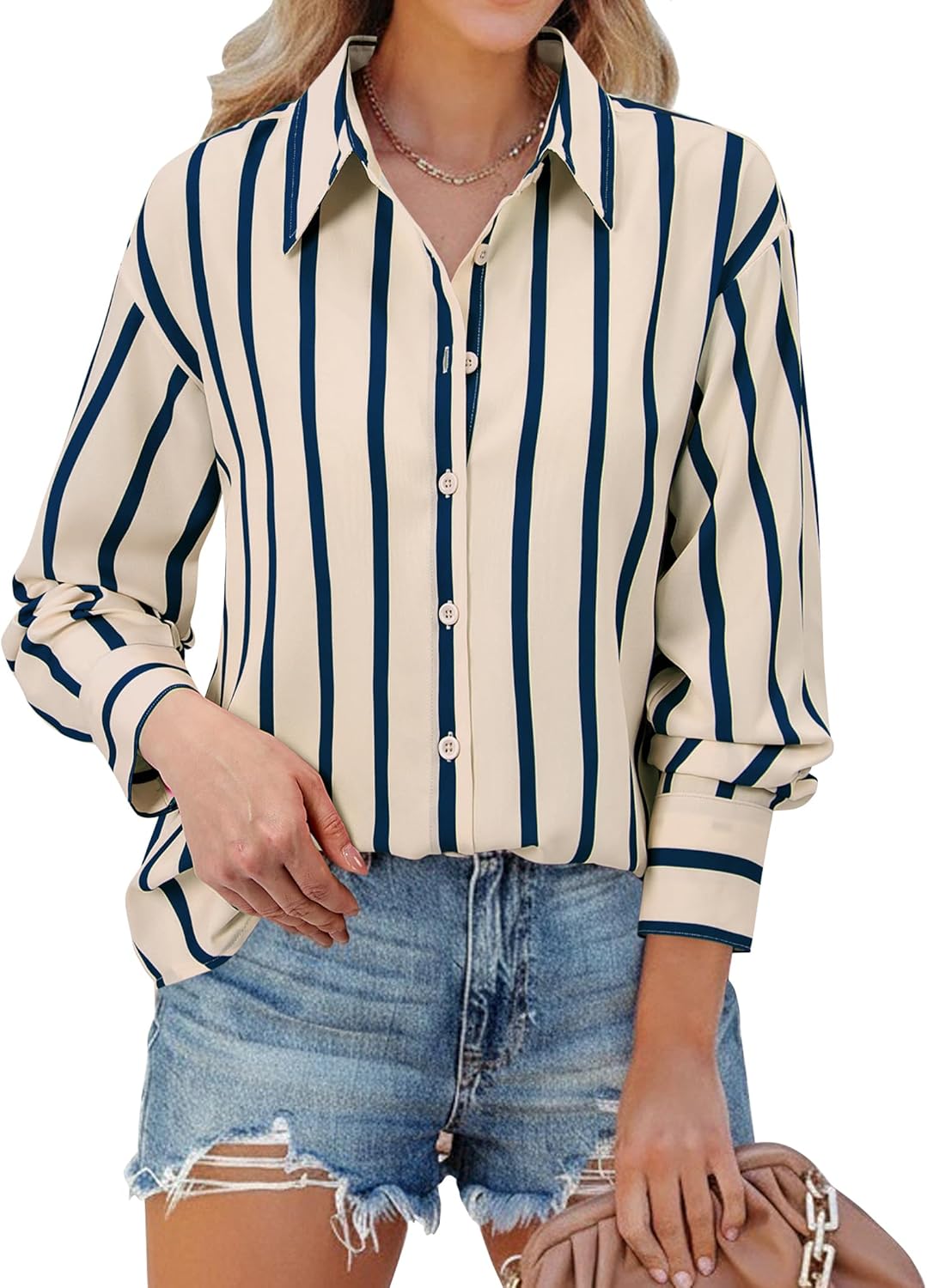 siliteelon Button Down Shirts for Women Striped Long Sleeve Oversized Boyfriend Blouses Collared Work Drop Shoulder Tops