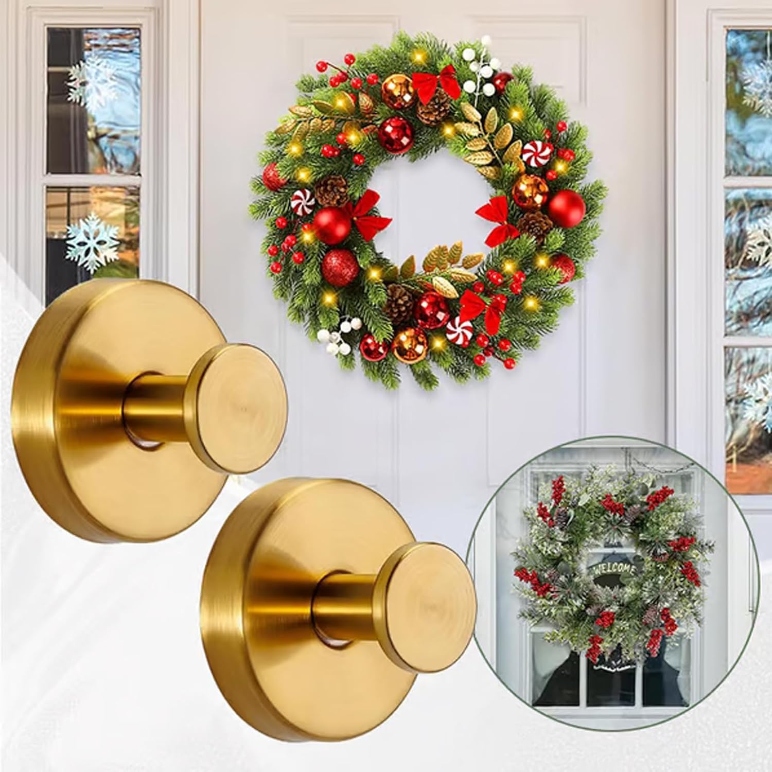 Suction Cup Hooks for Christmas Wreath, Shower Hooks Suction, No Drill Stainless Steel Suction Cup Hooks Shower Hooks Adhesive Hooks Bathroom Towel for Glass Mirror Smooth Surface (Gold, 2pcs)