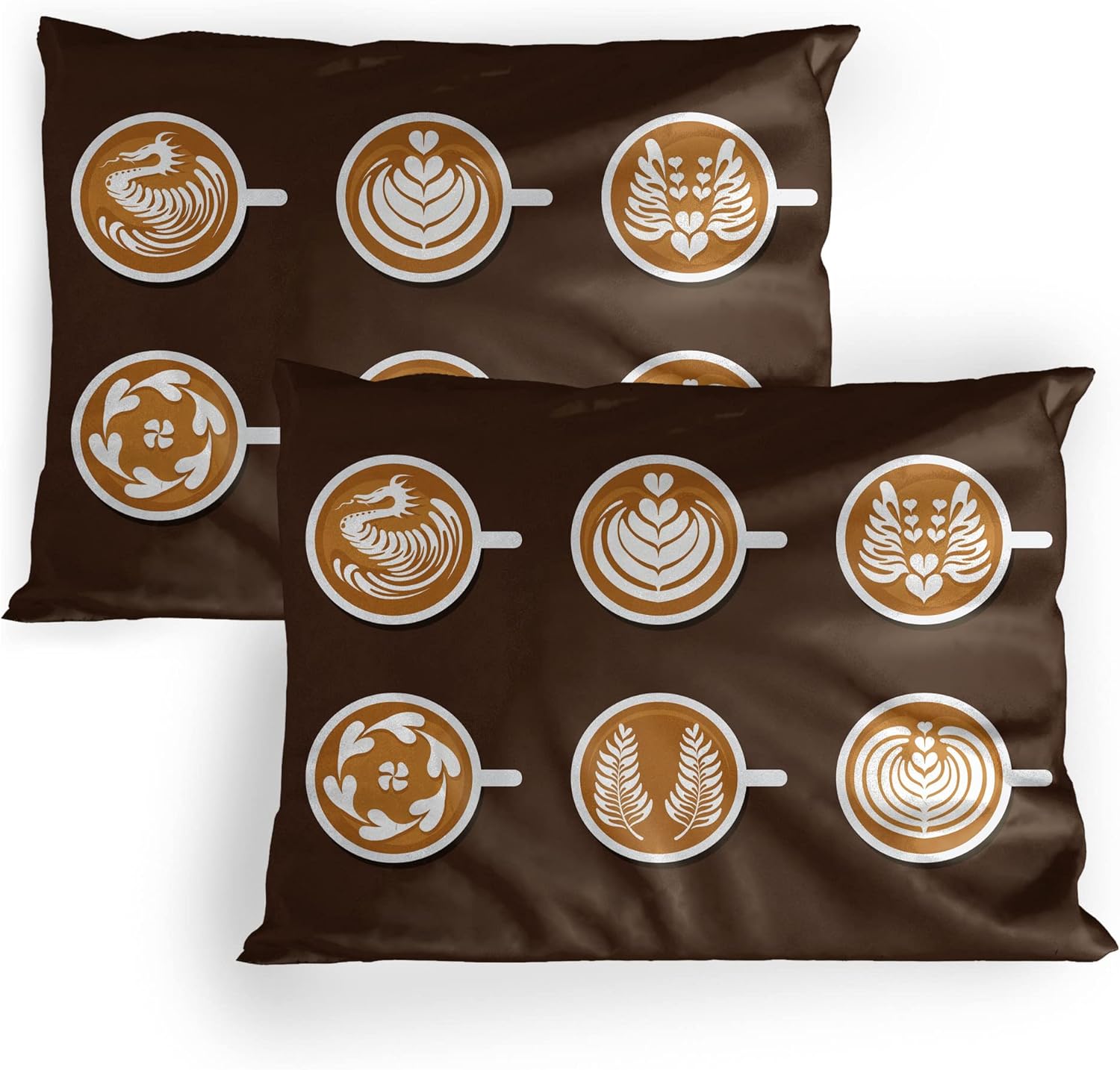 Lunarable Coffee Pillow Sham Set of 2, Latte Espresso Mocha Americano Cups with Tree Heart Leaf Flower Shapes Image, Quality Microfiber Bedding Item for All Seasons, 26" x 20", Amber Brown White