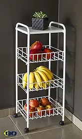 Fruteira de Chão 3 Andares Organizadora c/Rodinhas e Cesto Removível Branca - By K80