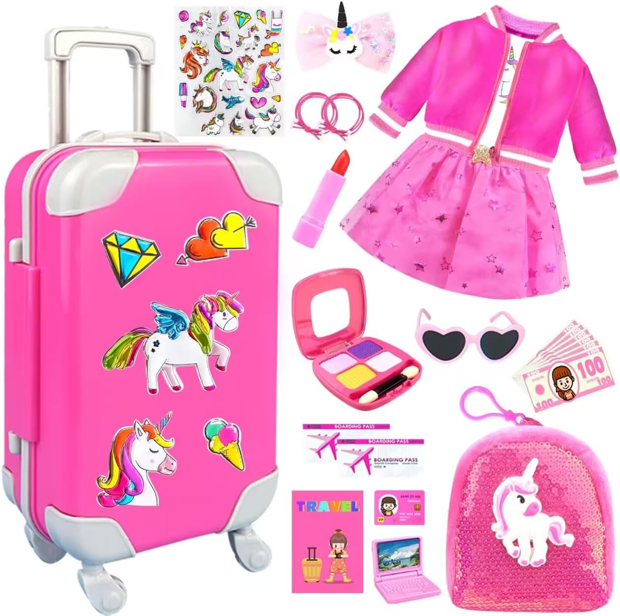 BNUZEIYI 23Pcs 18 Inch Girl Doll Accessories Case Luggage Travel Play Set with Doll Clothes Cute Bag Computer Glasses Pretend Makeup Toy Stickers Doll Stuff Fit 18 inch Doll Christmas Birthday Gift