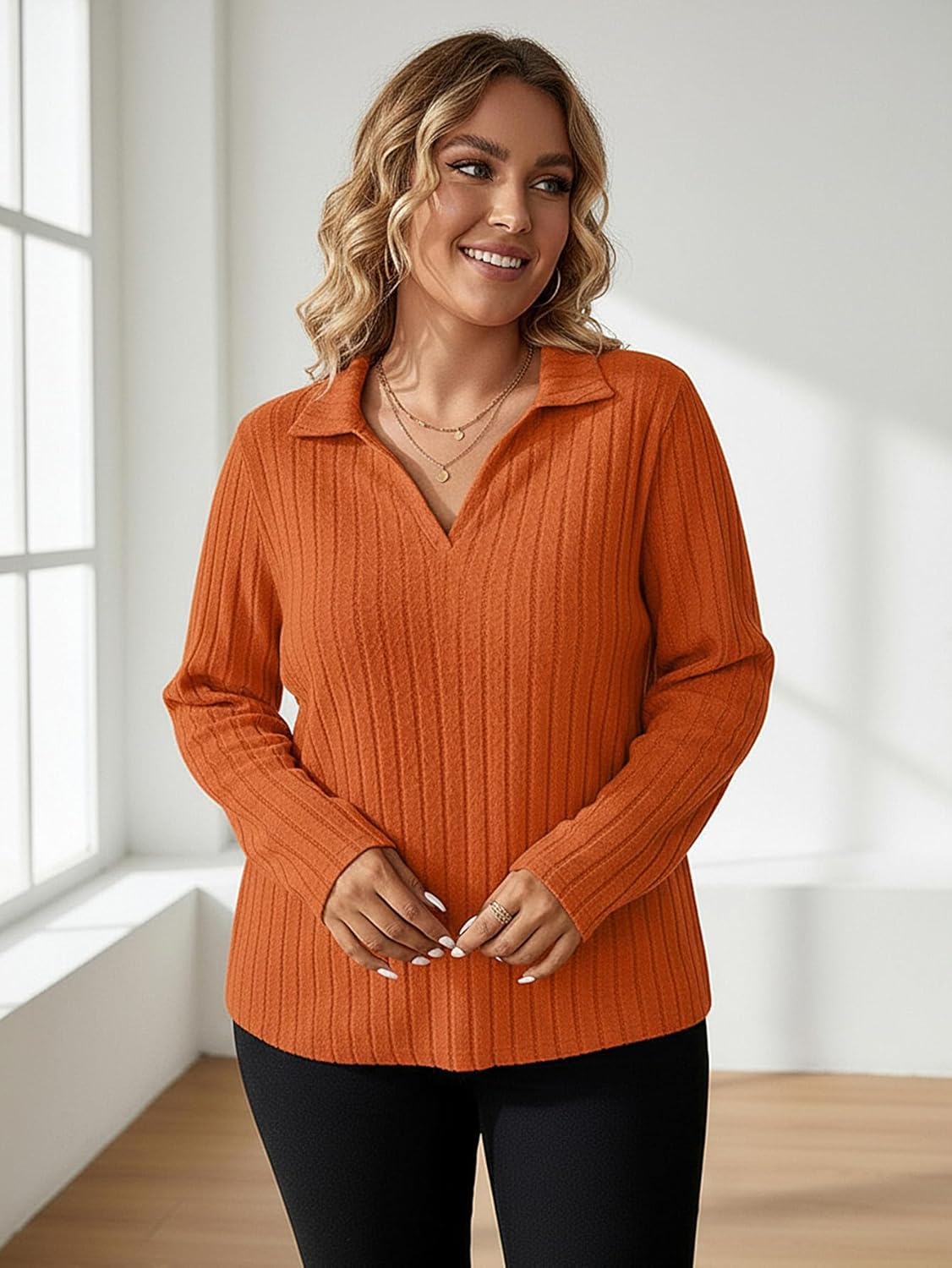 Women's Plus Size Collared V Neck T Shirts Fall Long Sleeve Ribbed Knit Dressy Casual Work Tops - Image 3