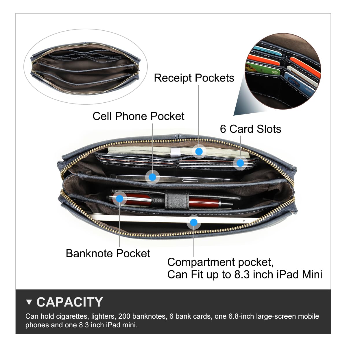 Contacts Organiseur de carte d'identité en cuir véritable pour homme, grande capacité avec verrou antivol pour passeport, téléphone portable, sac à main avec dragonne, bleu 1