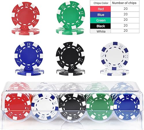 Vista 3 de 100 fichas de póquer profesional con caja de almacenamiento, juego de fichas de póquer de casino de 5 colores, fichas de póquer de casino compuestas