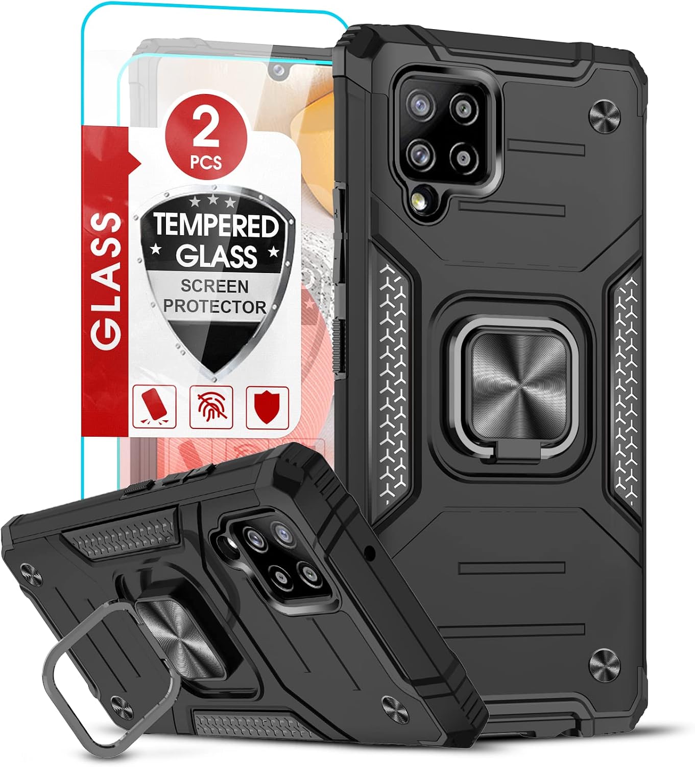 LeYi Compatible with Galaxy A42 5G Case, Samsung Galaxy A42 5G Case with Tempered Glass Screen Protector [2Pcs], Shockproof [Military-Grade] Phone Cover Case with Ring Kickstand for Samsung A42, Black