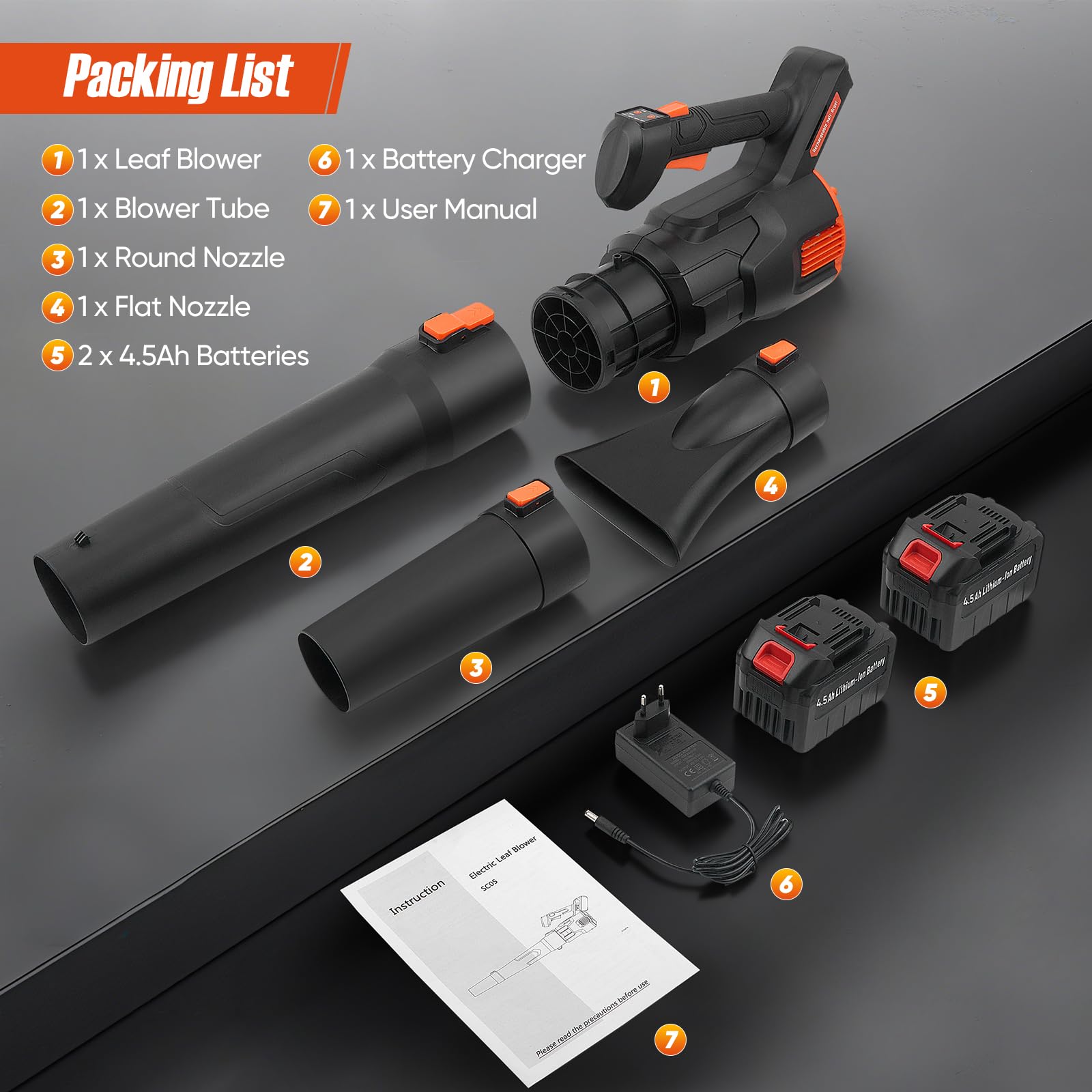 Soffiatore Foglie, Potente Soffiatore per Foglie a Batteria con Velocità Regolabili, Soffia Foglie con 2 Batterie da 4,5 Ah e Caricabatterie, Leaf Blower con 3 Tubi per la Cura del Prato, Foglie
