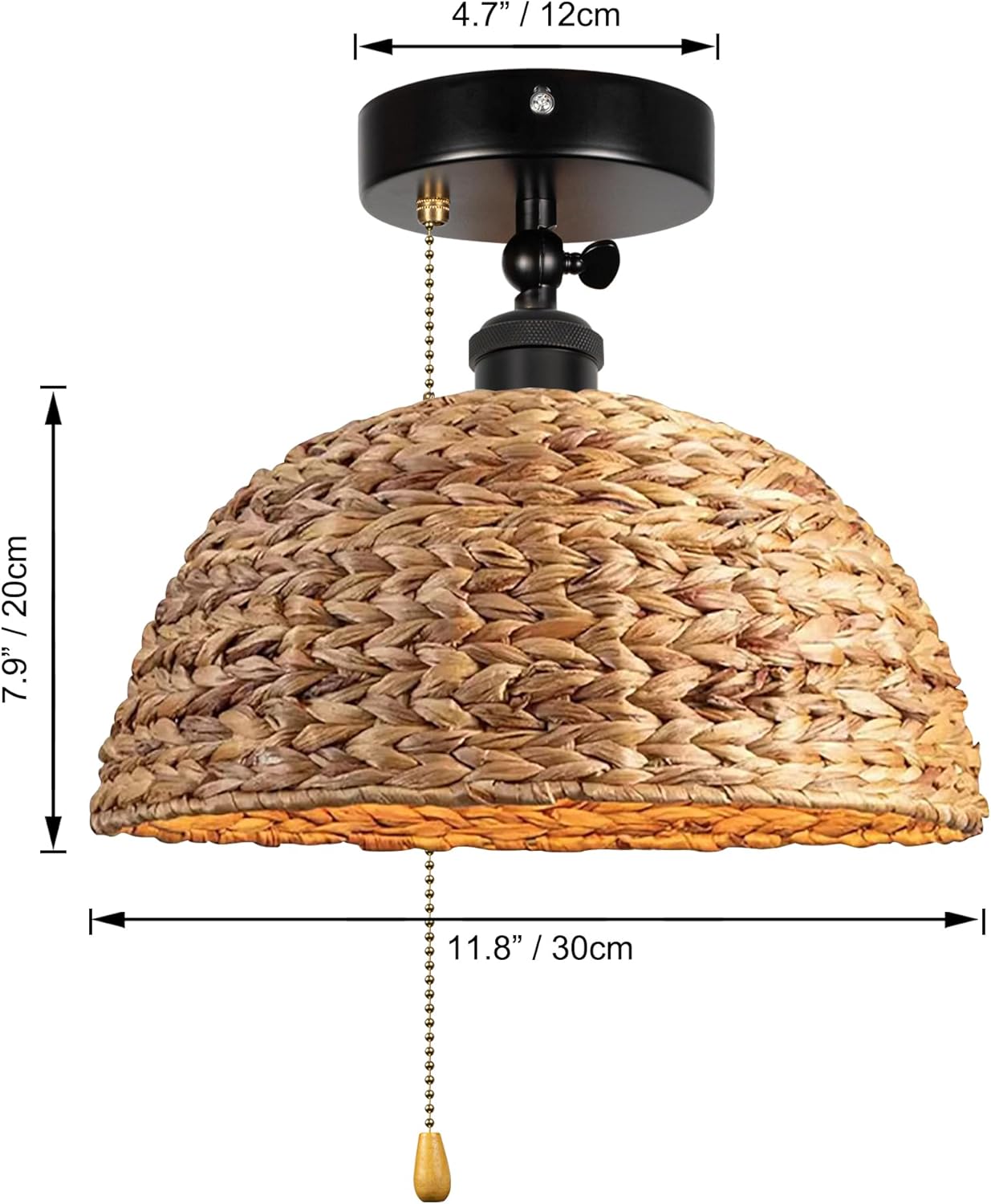 Gimbaled Wall Light, Zipper Switch 12V RV Woven Natural Boho Water Hyacinth Dome Shape, Replaceable 2700K Bulb Included Semi Flush Mount Interior Lighting Decorative for Camper