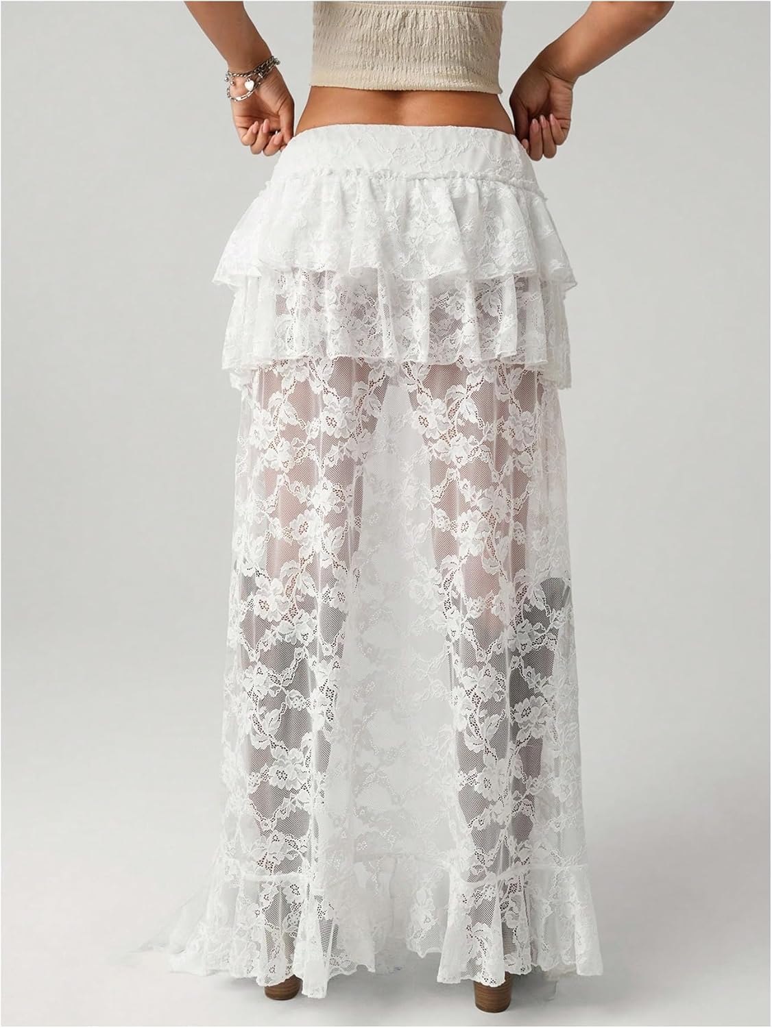 SHENHE Women's Western Y2k Lace Maxi Skirt Tiered Ruffle High Low Renaissance Boho Fairy Skirt