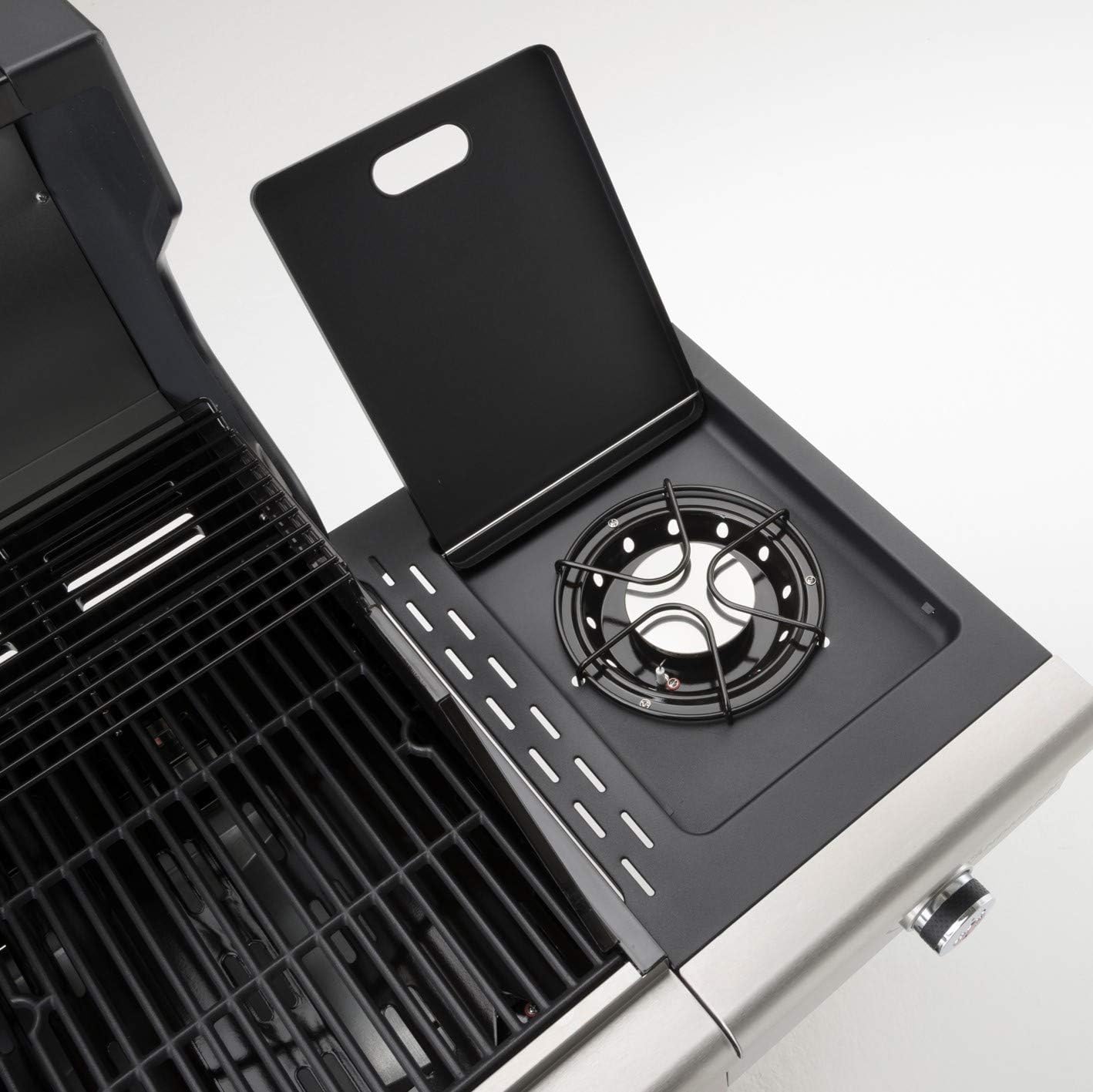 Landmann grill side burner with lid open, showing the burner grate
