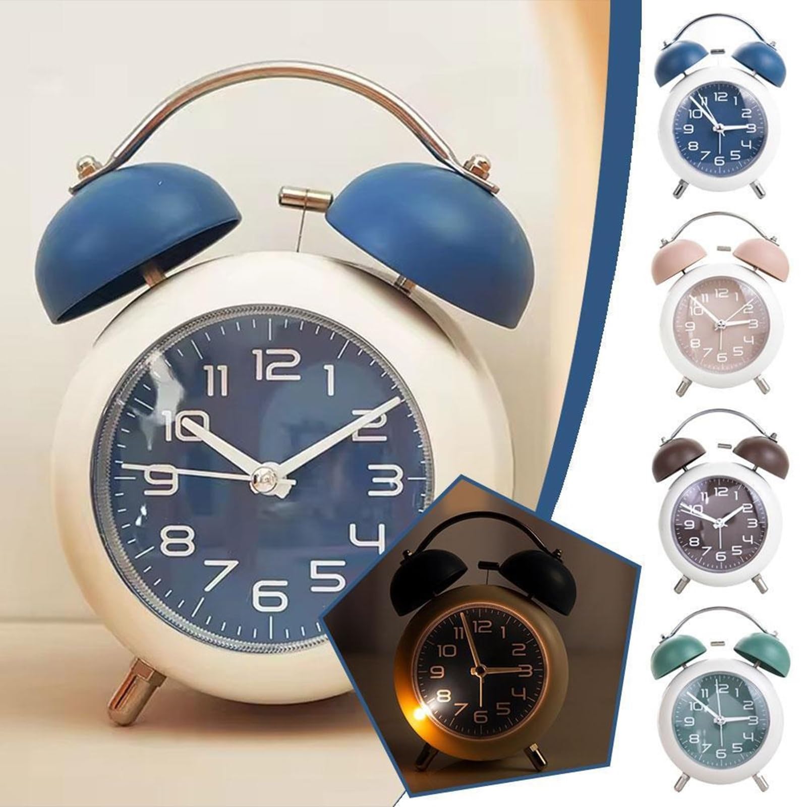 Sveglia con Alba, Sveglia Potente con Due Campanelli, Cornice in Metallo con Retroilluminazione, Sveglia da Tavolo A Batteria per Casa, Dormitorio E Ufficio, Sveglia Silenziosa da Comodino