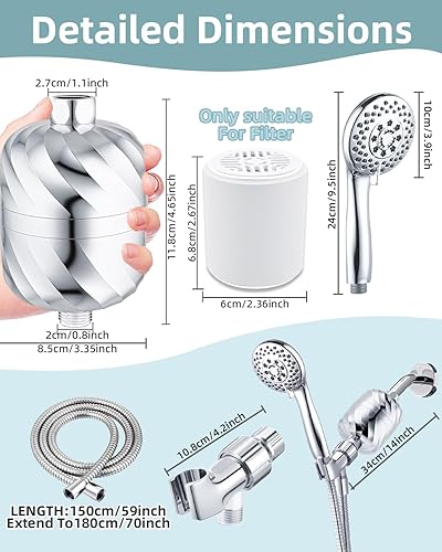 Miniatura 8 de Cabezal de ducha filtrado con pulverizador de mano de 5 modos con filtro de alto rendimiento de 24 etapas 99% de cloro para limpiar y agua dura