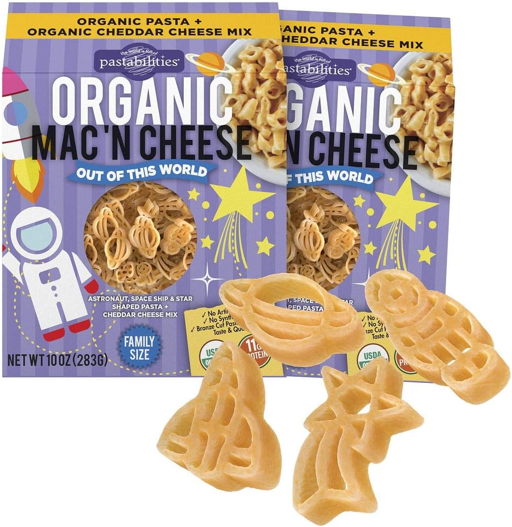 Pastabilities Organic Kids Space Shaped Mac and Cheese, Fun Out of This World Pasta Noodles with Cheddar Cheese Powder, Non-GMO Wheat Pasta (10 oz, 2 Pack)