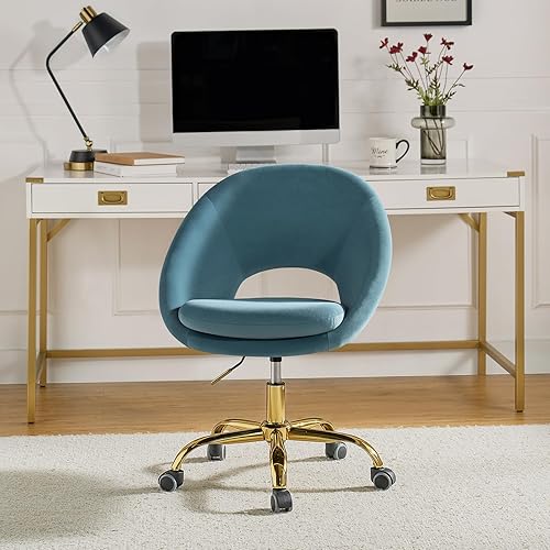 TINA'S HOME Silla de oficina moderna de terciopelo con giro ajustable, cómoda silla de escritorio tapizada con respaldo abierto, pequeña y bonita