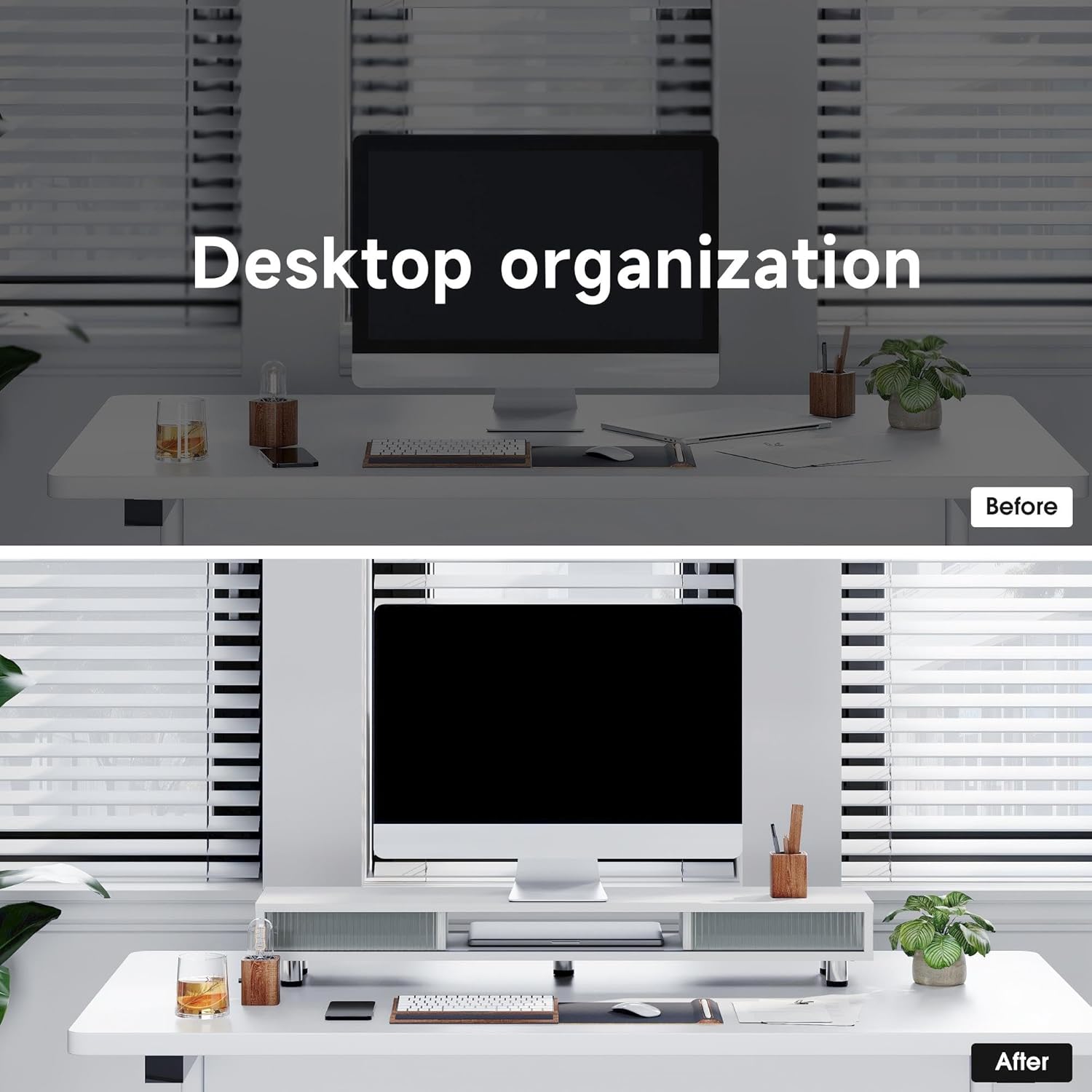 Fenge Dual Monitor Stand, 42.5inch Long Monitor Stands Riser for 2 Monitors, Sliding Door with Storage Organizer Stand for Desk, 2 Tier Desk Shelf for Laptop, Pc, Printer, Computer, TV