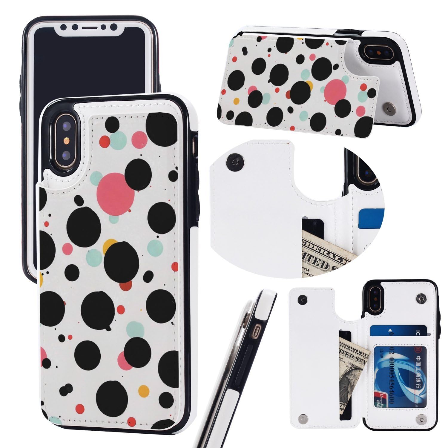 Etui portfelowe na iPhone'a X/XS, nadruki w kropki skórzane etui na telefon z klapką z przegródkami na karty