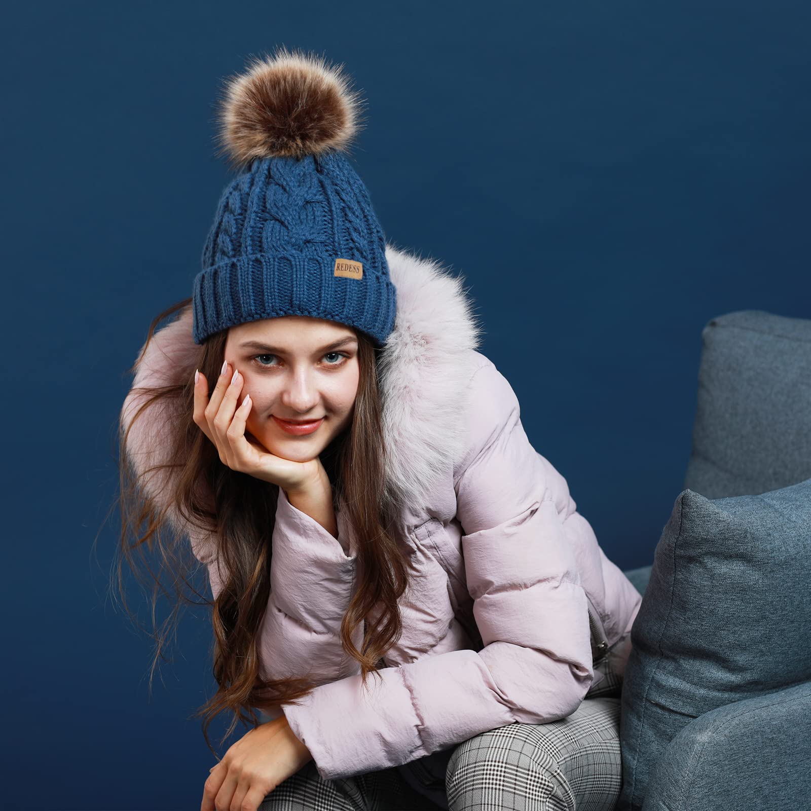 REDESS Cappello Invernale da Donna con Pom Pom Beanie Caldo Foderato in Pile Spesso Slouchy Snow Knit Chunky Baggy Skull Berretto da Sci