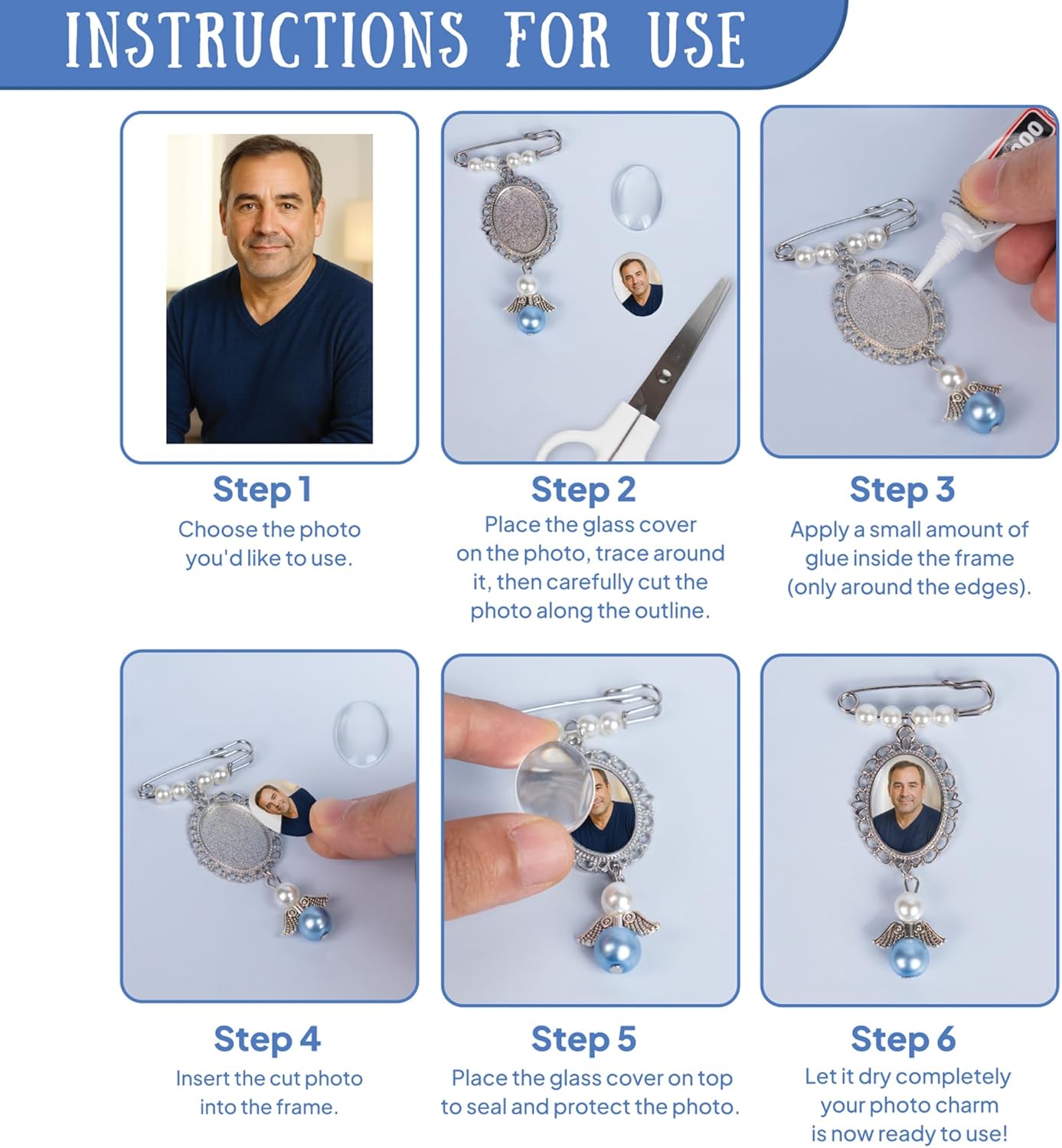 Wedding Bouquet Photo Charms, Something Blue Gift For Bride, Memorial Pin For Wedding Groom, Remembrance Gift From Deceased Mom Or Dad, DIY Bridal Pin With Guardian Angel Memory Charm And Picture - Image 6