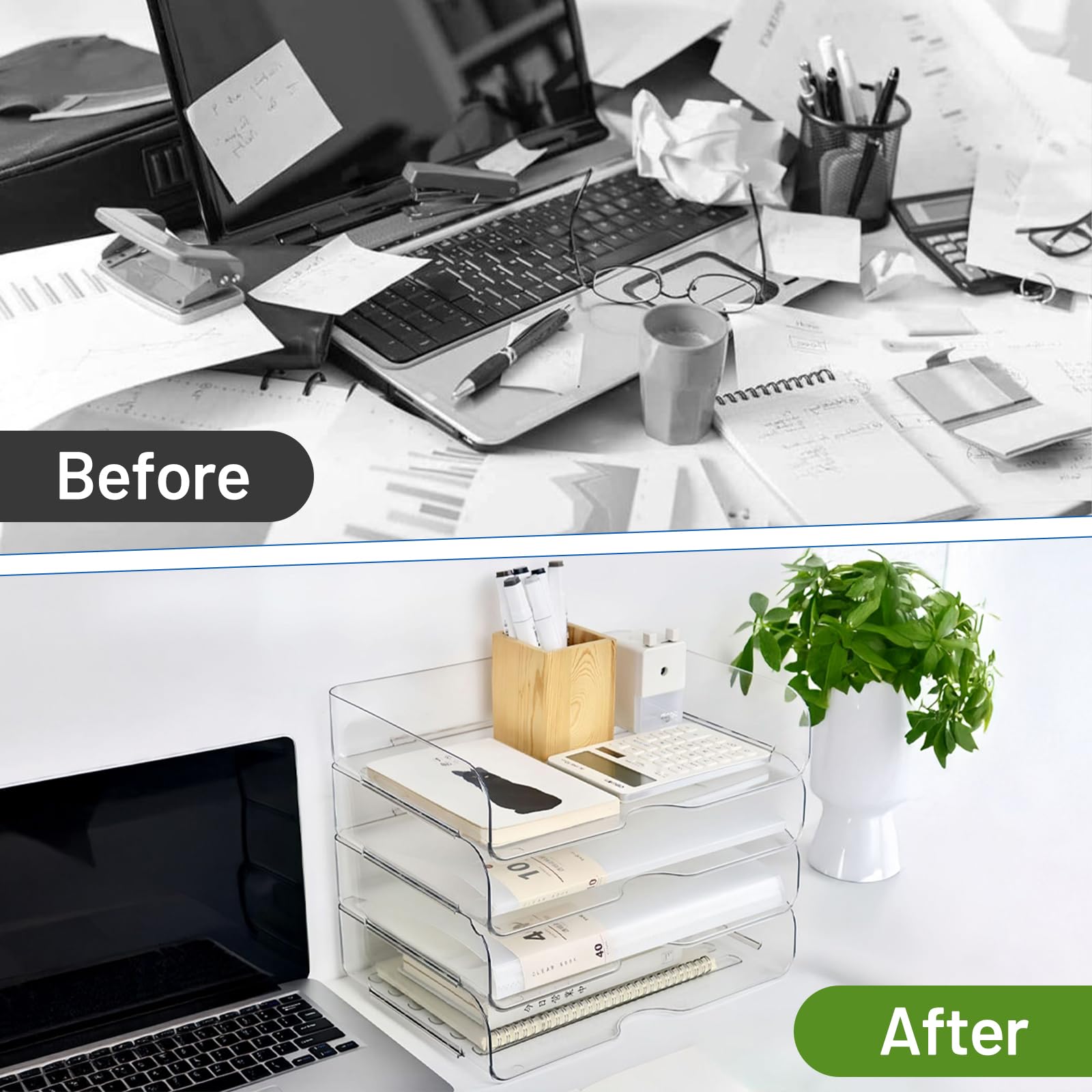 Organizador Escritorio Pet Apilable,Bandeja Apilable de Acrílico,Bandejas Plastico Transparente para Papel,Bandejas Transparentes Oficina para Revistas Documento Recibos Material Oficina