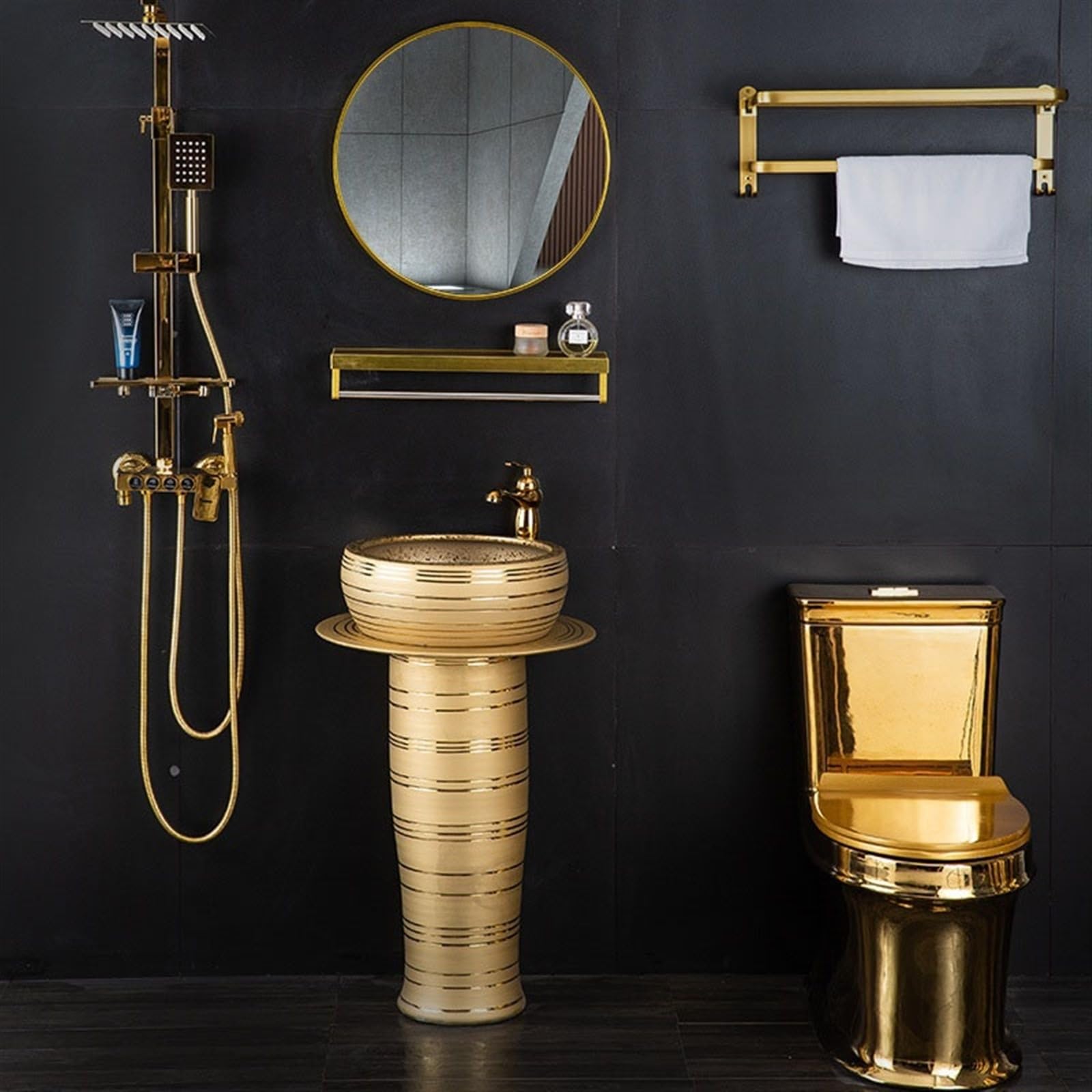 Golden Sink, fregadero de lujo para piso con grifo, drenaje y espejo, lavabo de columna de 3 piezas, tamaño A, B-One Size