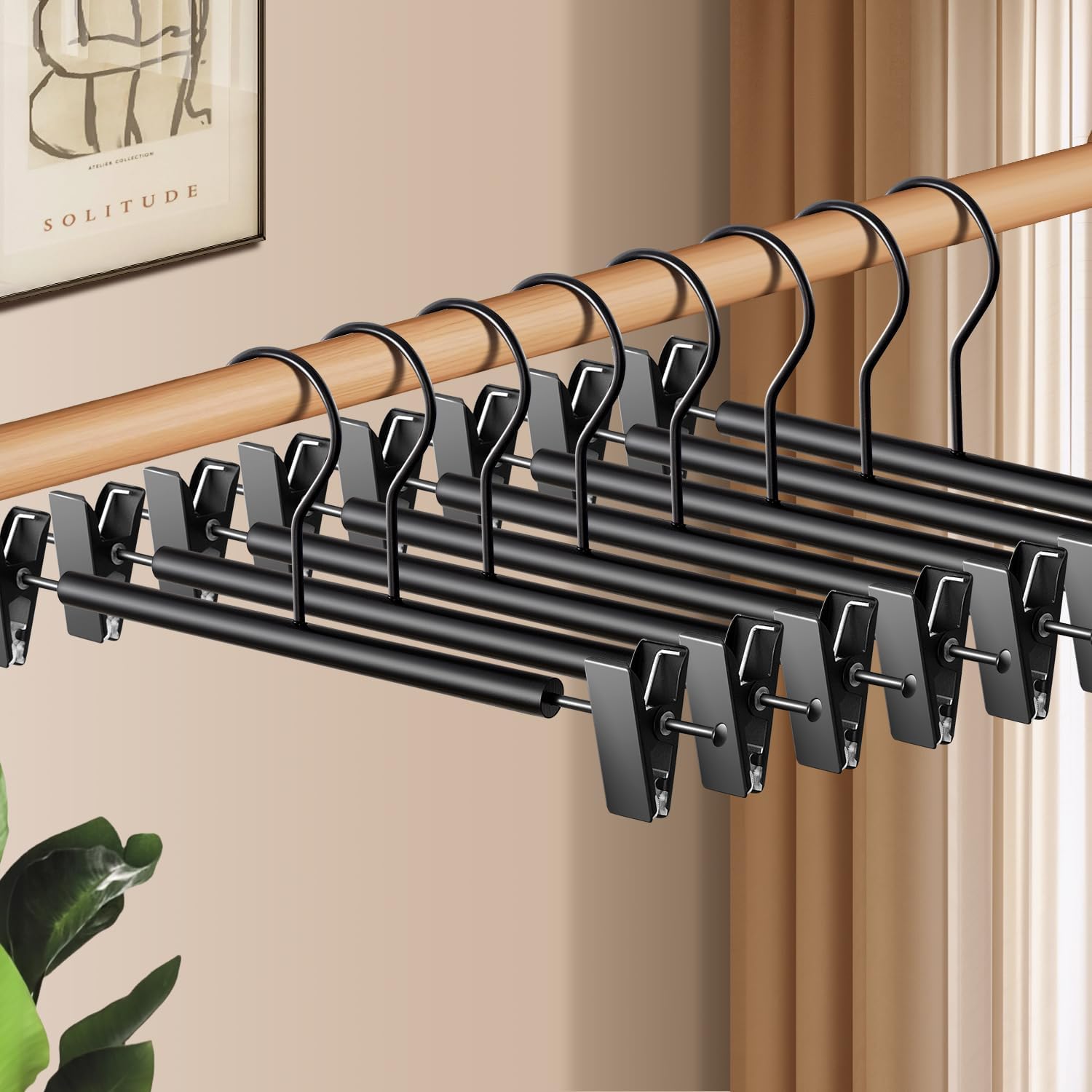 Wooden Pants Hangers with Clips 14Inch 20 Pack Adjustable Wood Skirt Hangers for Women&Men Space Saving Closet Non Slip Clothes Hanger for Jeans,Trousers,Short,Black
