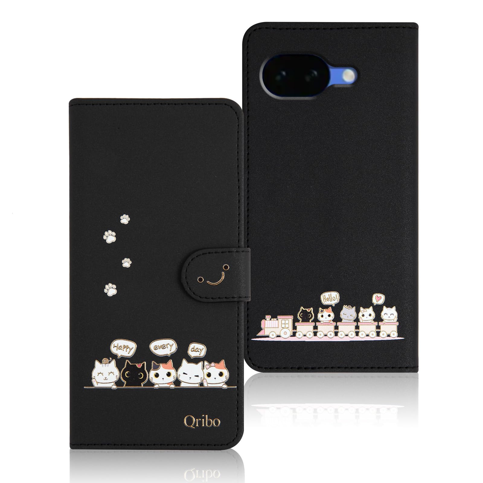 Qribo 適合 Google Pixel 10a ケース 手帳型 Pixel10a カバー シンプルなのに可愛いデザイン エンボス加工猫柄 うれしい気持ち 6.3インチ対応 グーグルピクセル10a ケース 適合 Pixel 10a スマホケース 向け ピクセル10a 手帳型ケース ピクセル10aカバー 防水 の耐久性 滑り防止 美しい 贈り物 友達 - ブラック