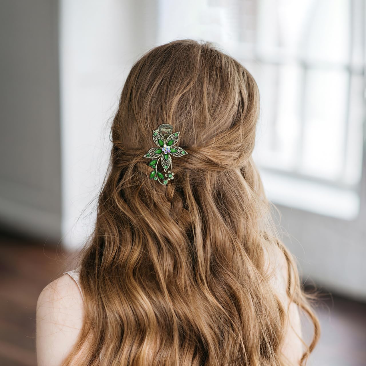 LALAFINA Vintage Flower Rhinestone Crystal Barrettes Retro Hairpins Hair Accessories for Women, Green