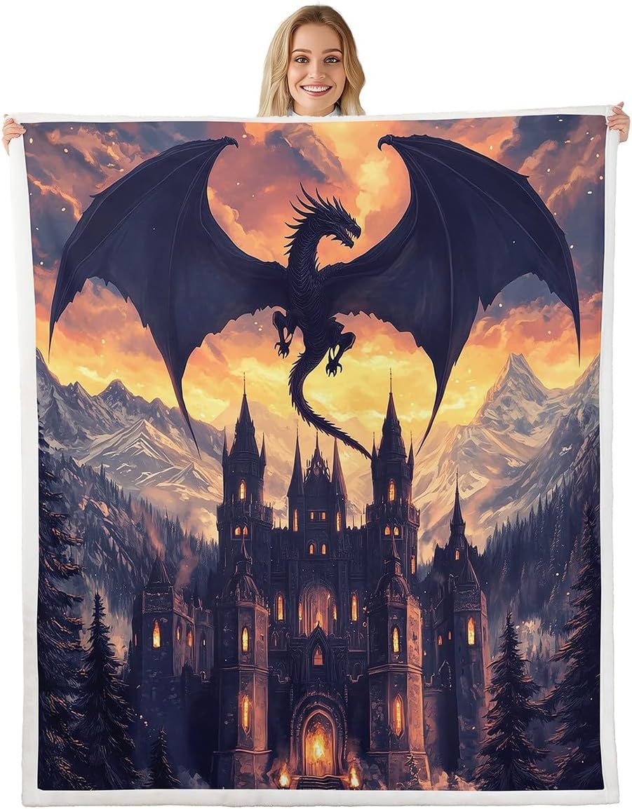 Fierce Dragon Blanket Queen 90x90 Castle Mountain Scenery Blanket for Kids Teens Boys Girls Mysterious Fairy Tale Sherpa Blanket Nebula Starry Galaxy Bed Blanket Sofa Bed Couch Decor