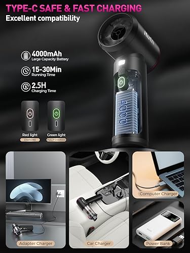 Miniatura 8 de Mini aspiradora portátil inalámbrica con luz LED, potente succión de 15000 PA, alta potencia de 80 W, vacío con un solo clic, filtro HEPA doble,