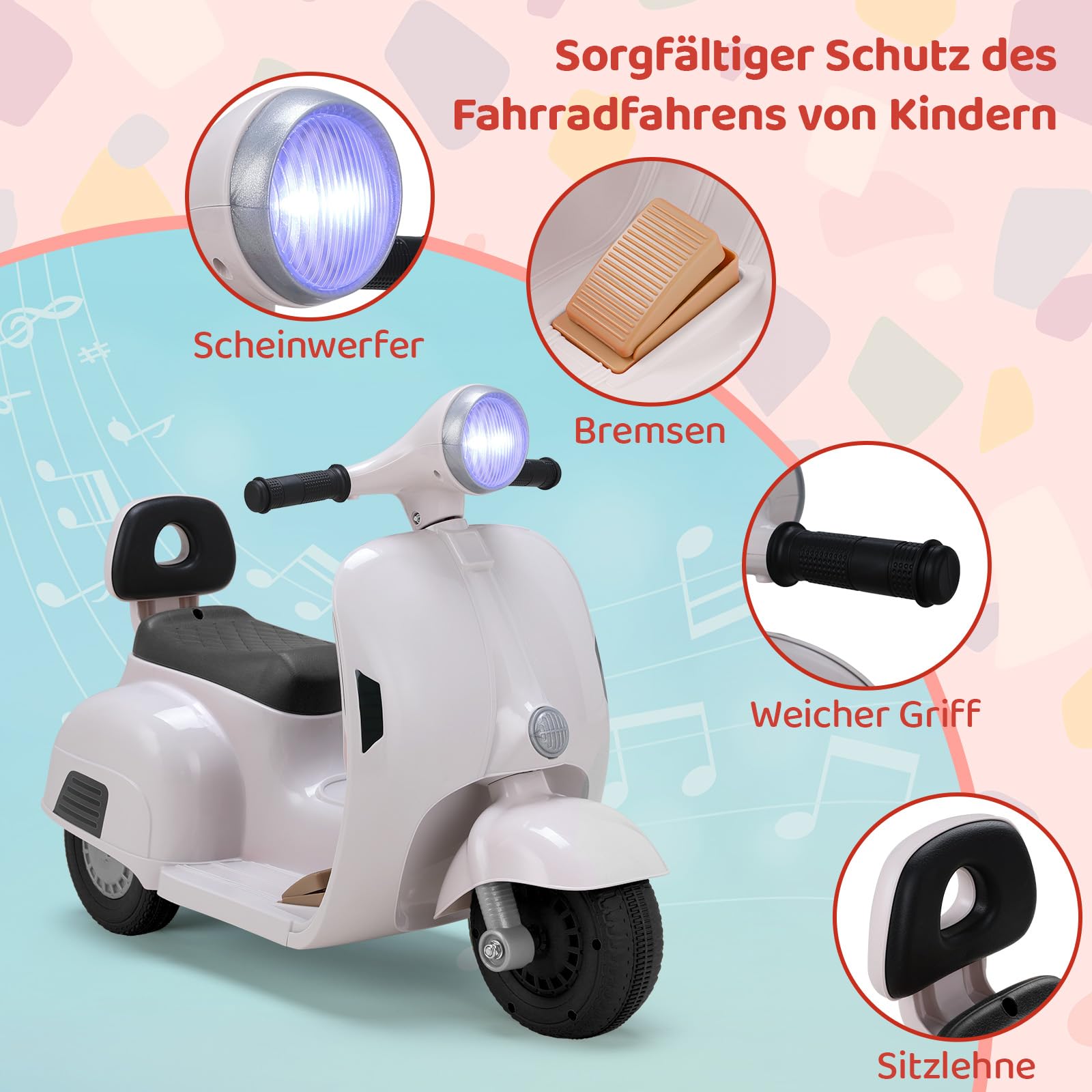 MAMIZO Moto Elettrica per Bambini 6V, Moto Giocattolo Cavalcabile a 3 ruote, Avanti e Indietro, con schienale, Fari, USB, Pedali, Musica, 72x56x37 cm, 2 km/h, max 20 kg, per bambini 3-6 anni, Bianco